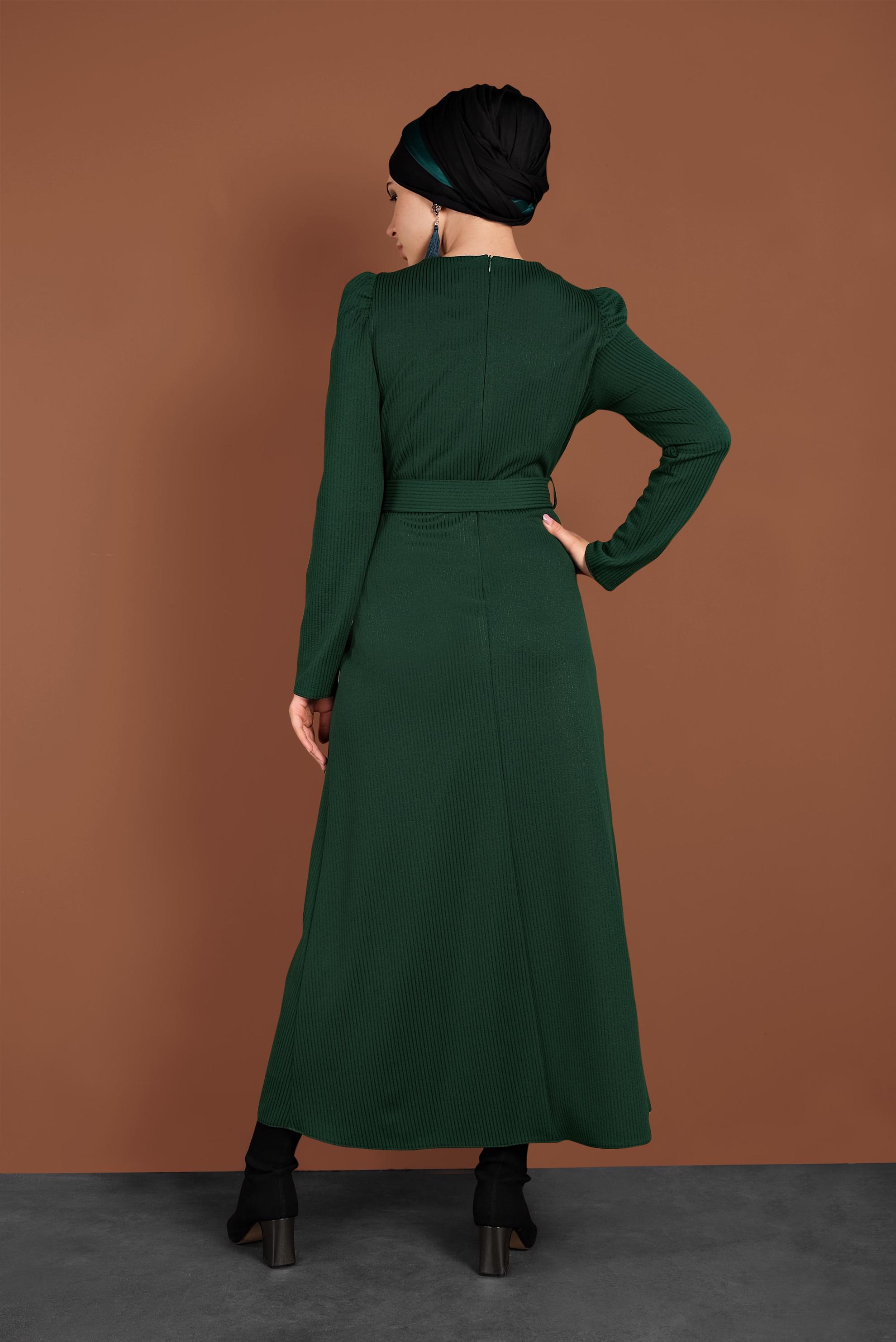 Tesettür giyim YEŞİL KEMERLİ KARPUZ KOL ELBİSE 40363 