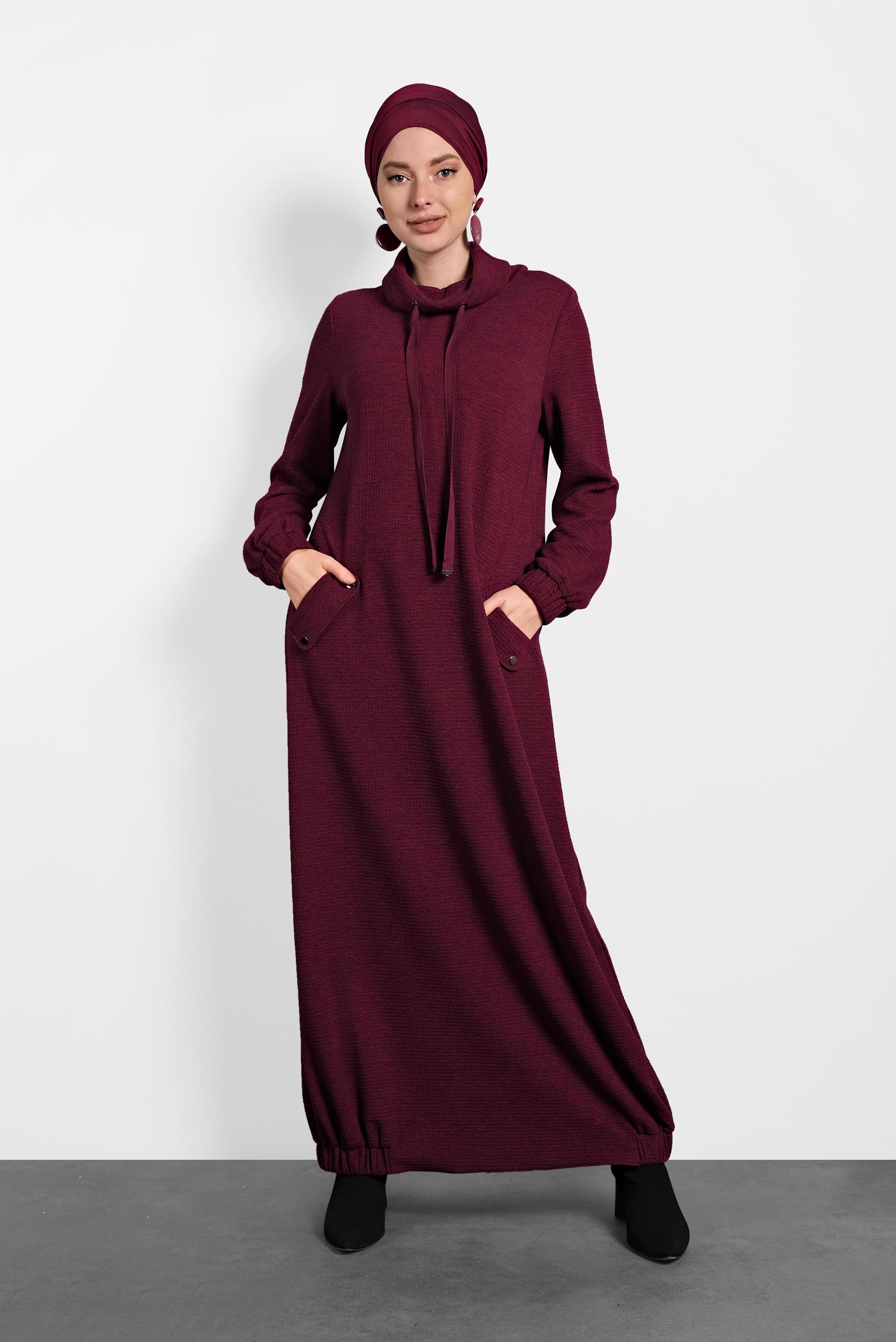 Tesettür giyim BORDO CEPLİ SPOR ELBİSE 40364 