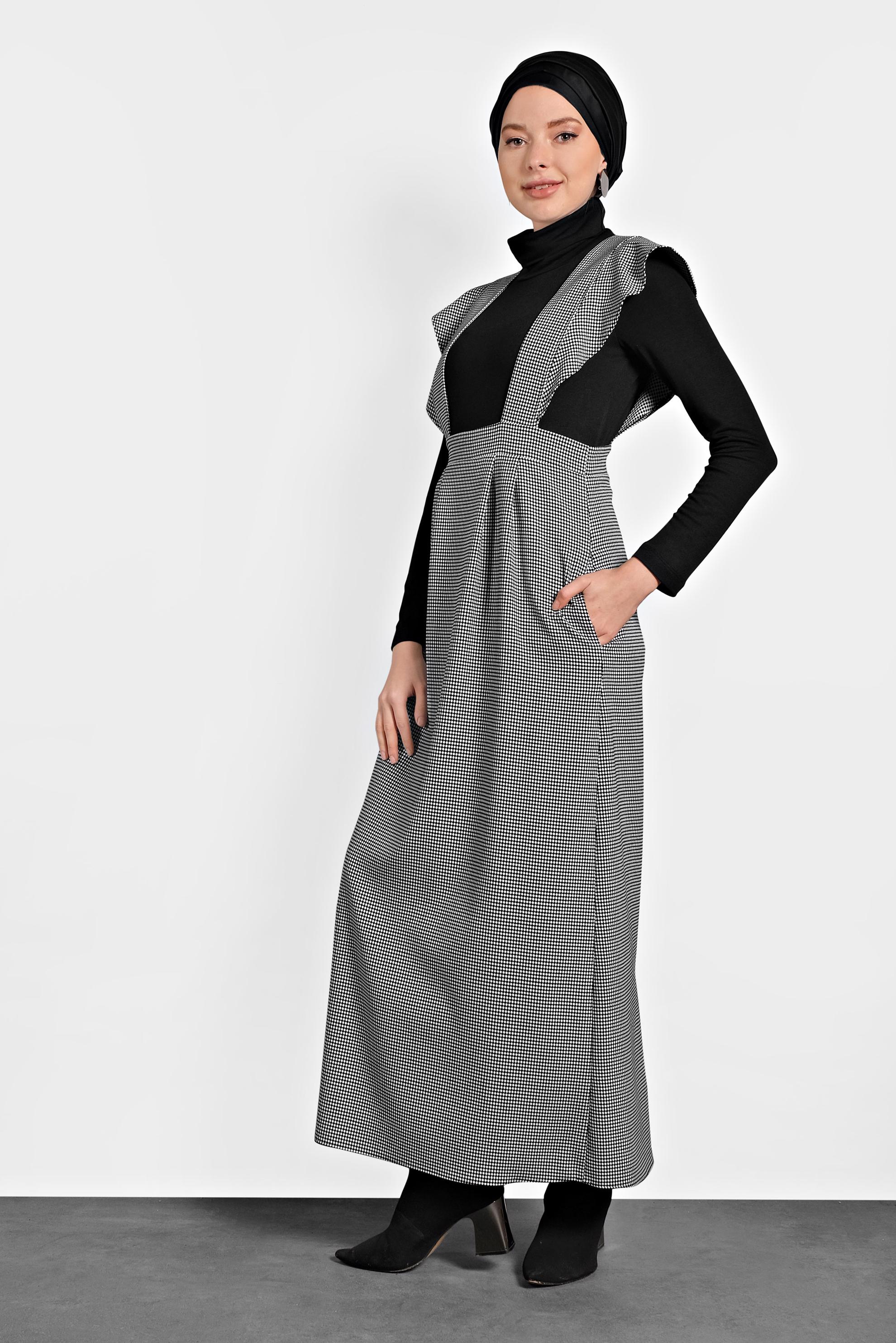 Tesettür giyim SİYAH DESENLİ FERMUARLI ELBİSE 40366