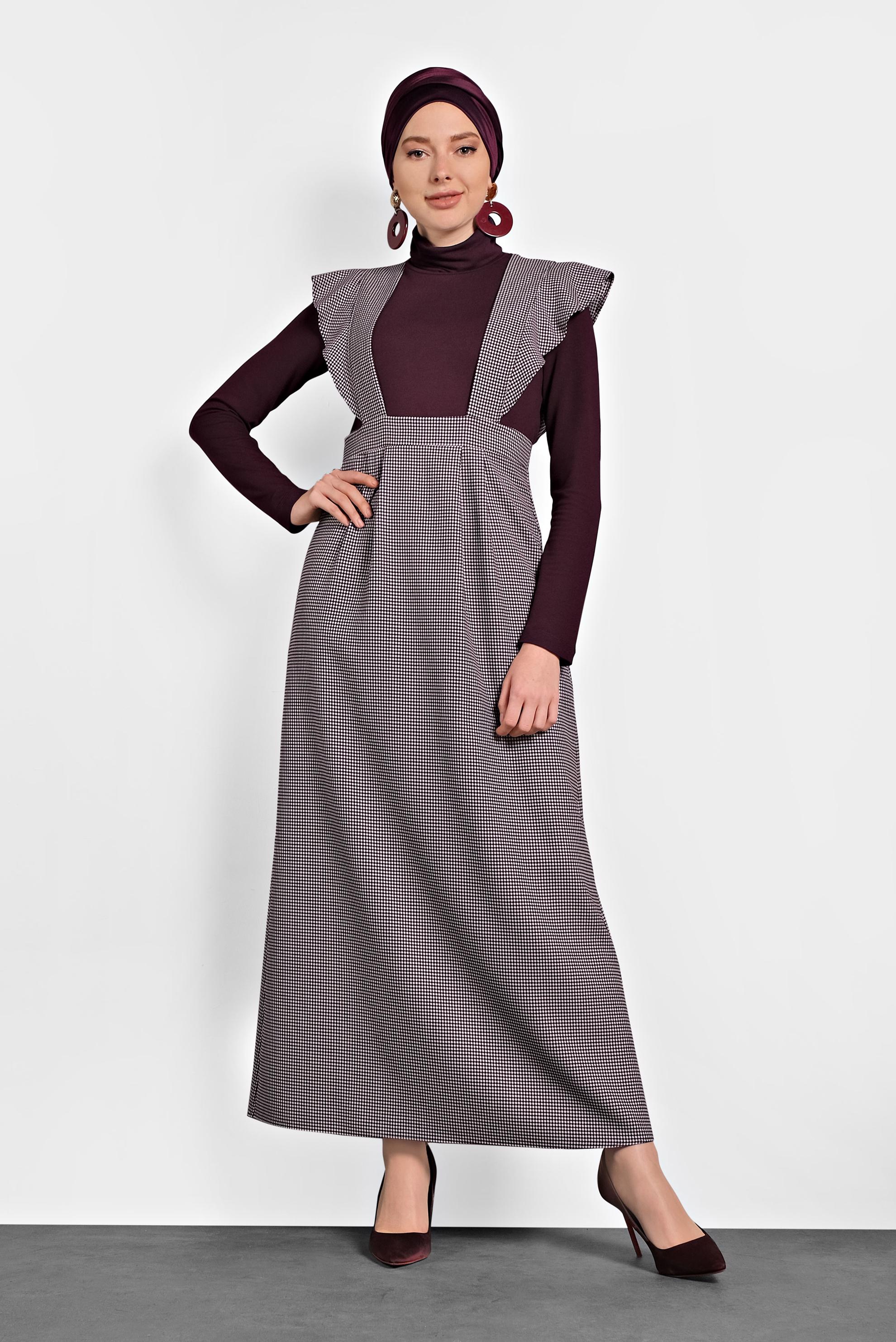 Tesettür giyim BORDO DESENLİ FERMUARLI ELBİSE 40366