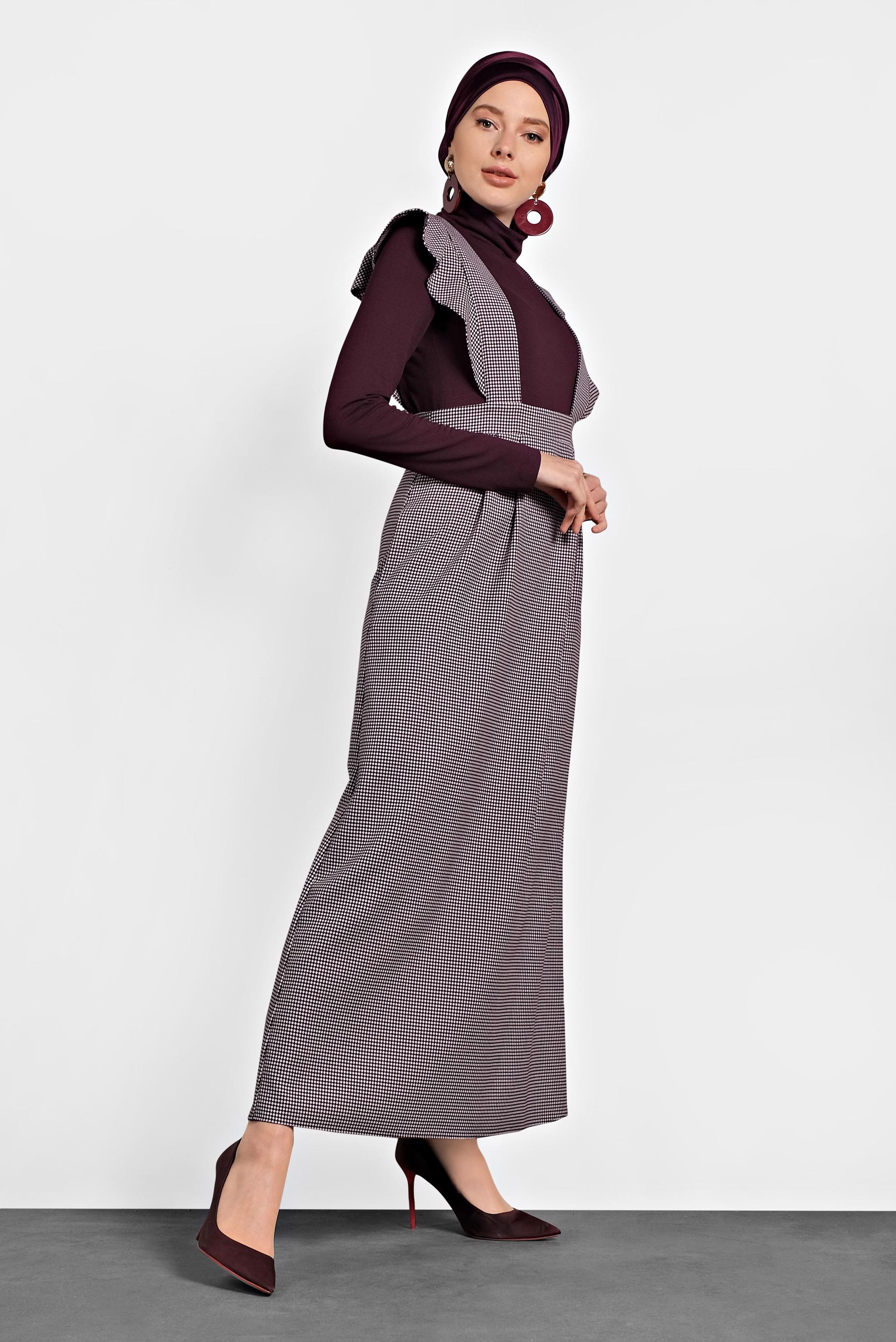 Tesettür giyim BORDO DESENLİ FERMUARLI ELBİSE 40366