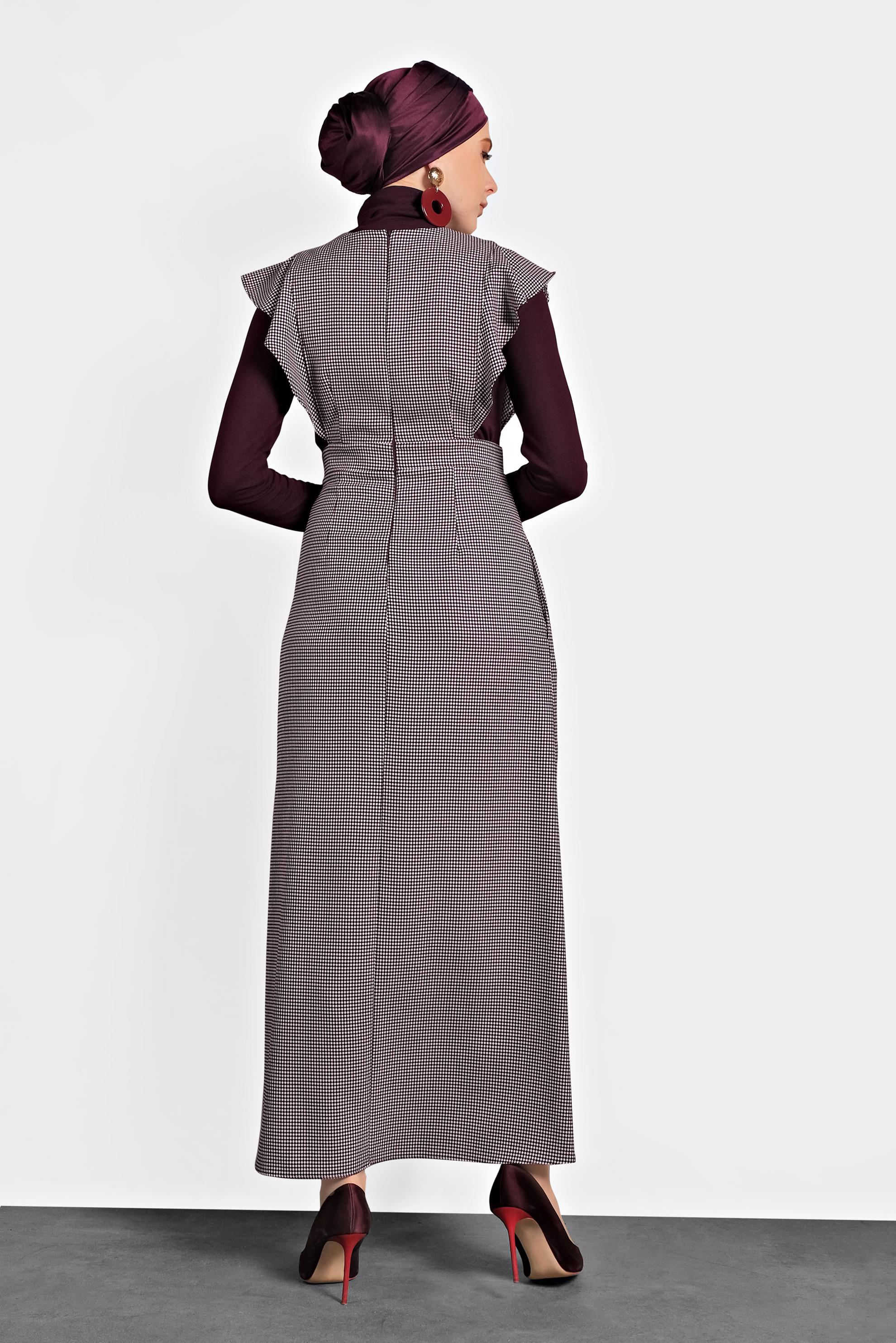 Tesettür giyim BORDO DESENLİ FERMUARLI ELBİSE 40366