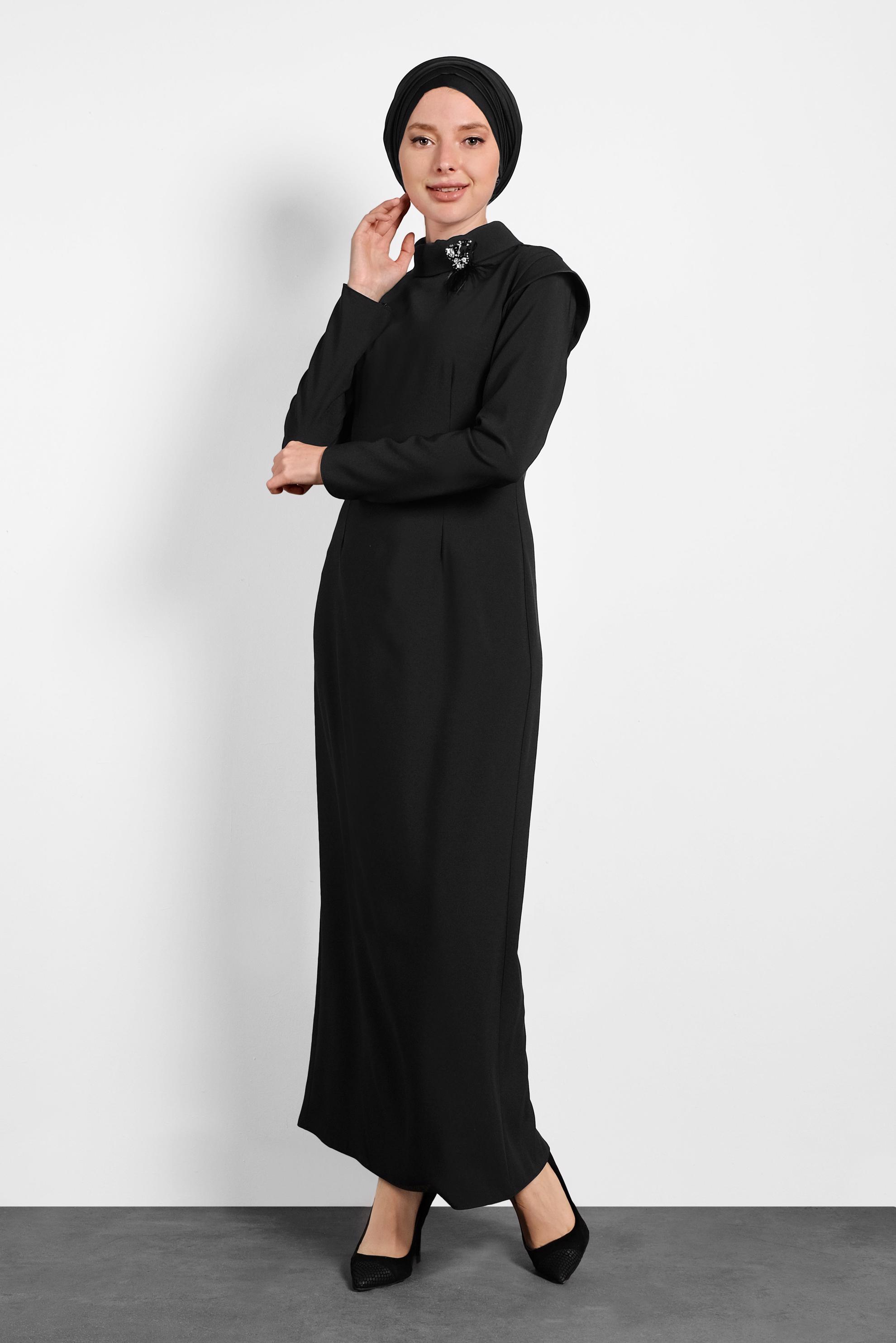 Tesettür giyim SİYAH KLASİK KESİM ELBİSE 40367 