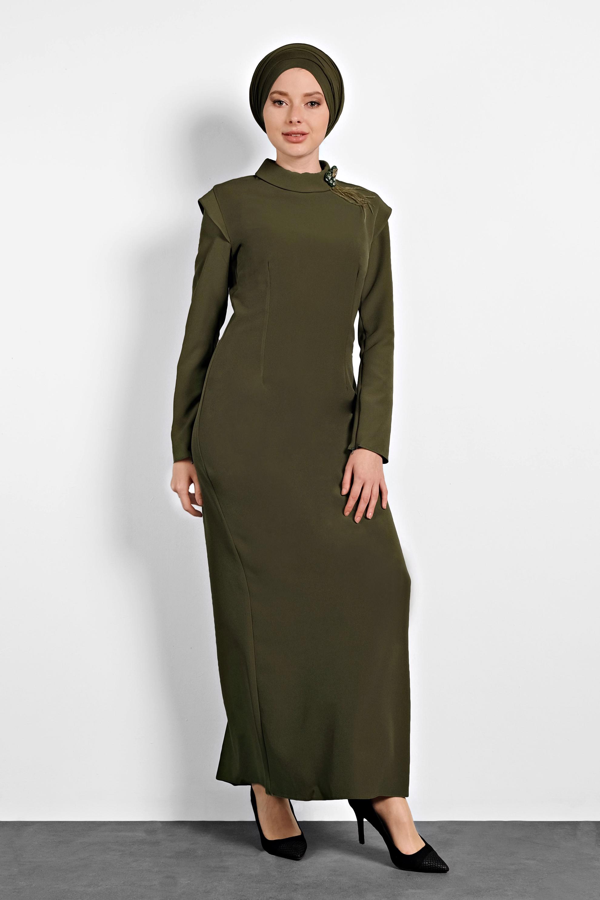 Tesettür giyim HAKİ KLASİK KESİM ELBİSE 40367 