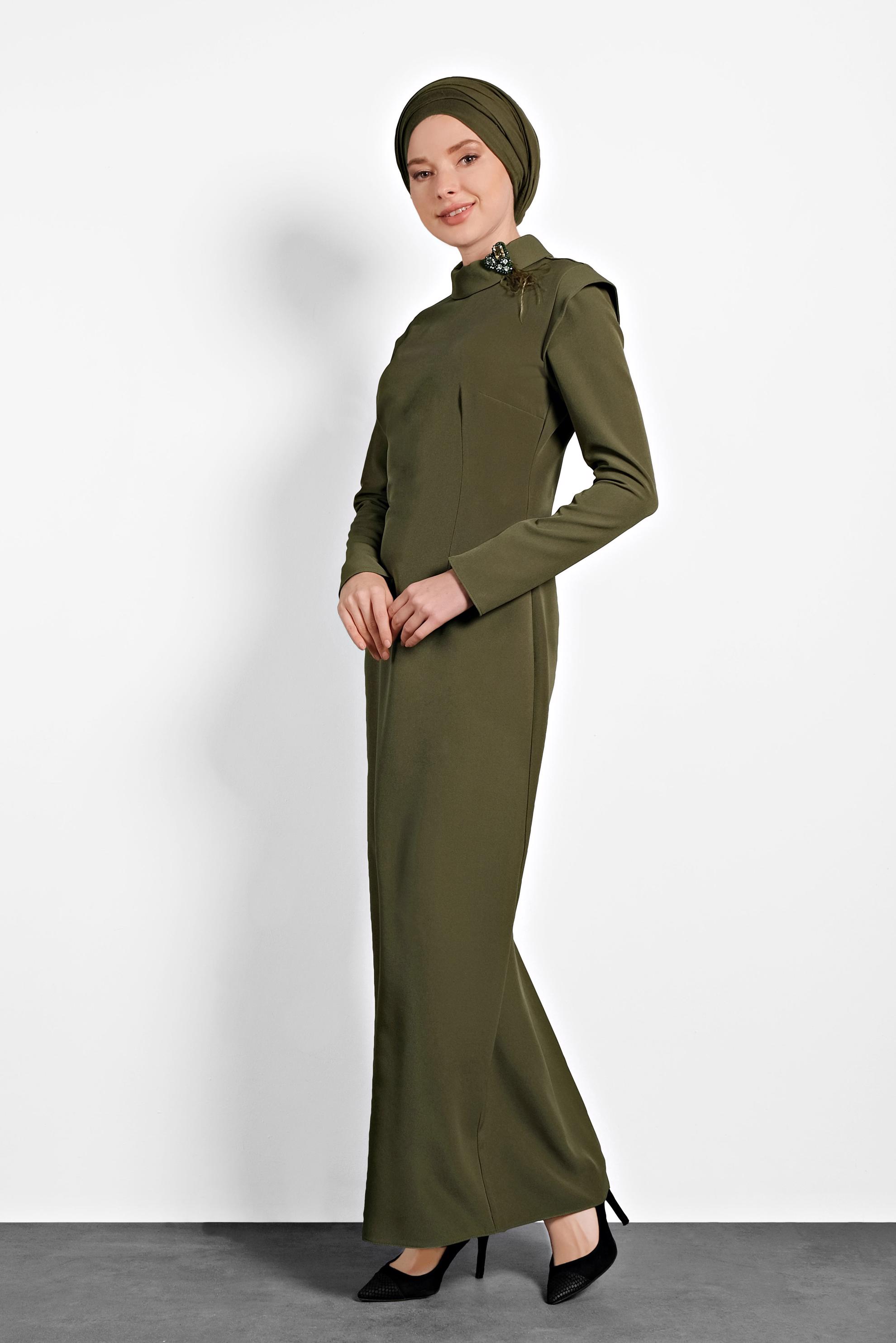 Tesettür giyim HAKİ KLASİK KESİM ELBİSE 40367 