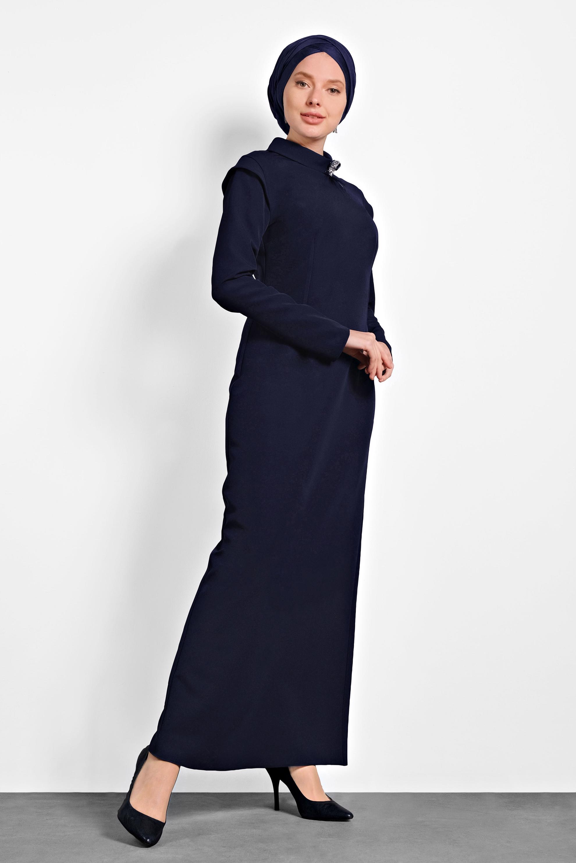 Tesettür giyim LACİVERT KLASİK KESİM ELBİSE 40367 