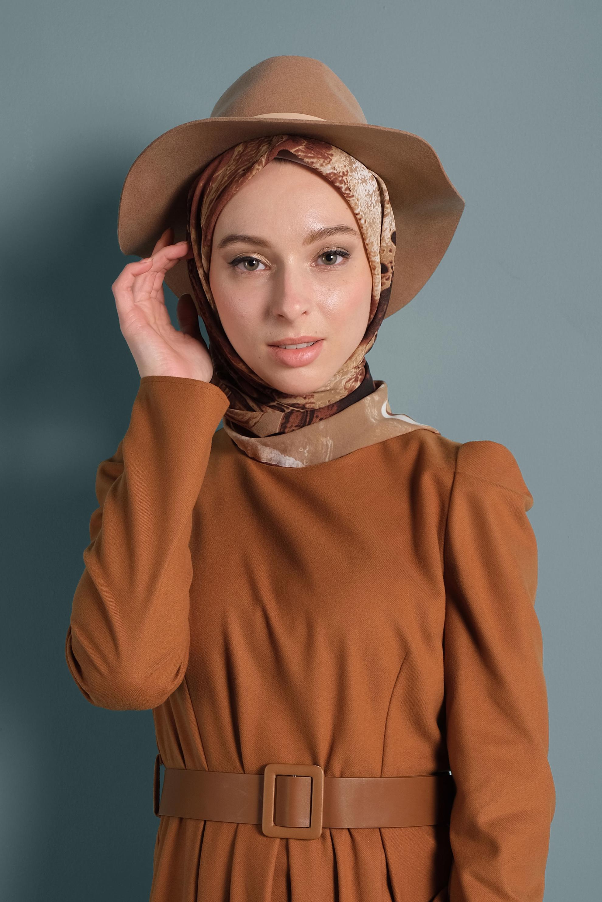 Tesettür giyim TABA KARPUZ KOL ELBİSE 40368 