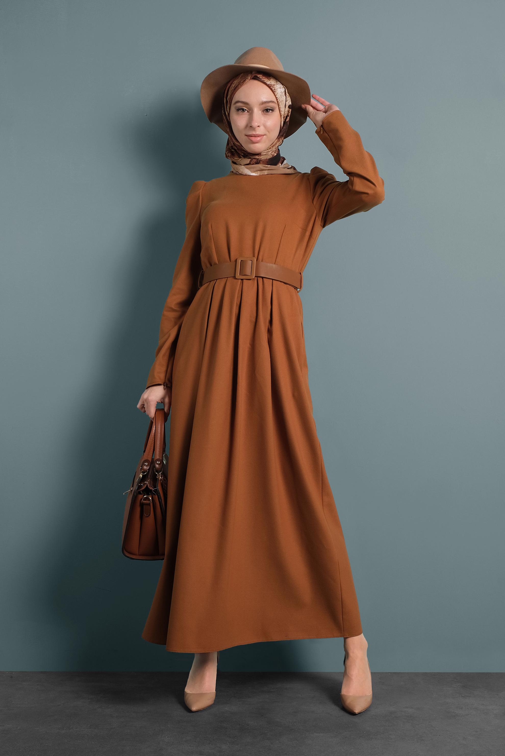 Tesettür giyim TABA KARPUZ KOL ELBİSE 40368 