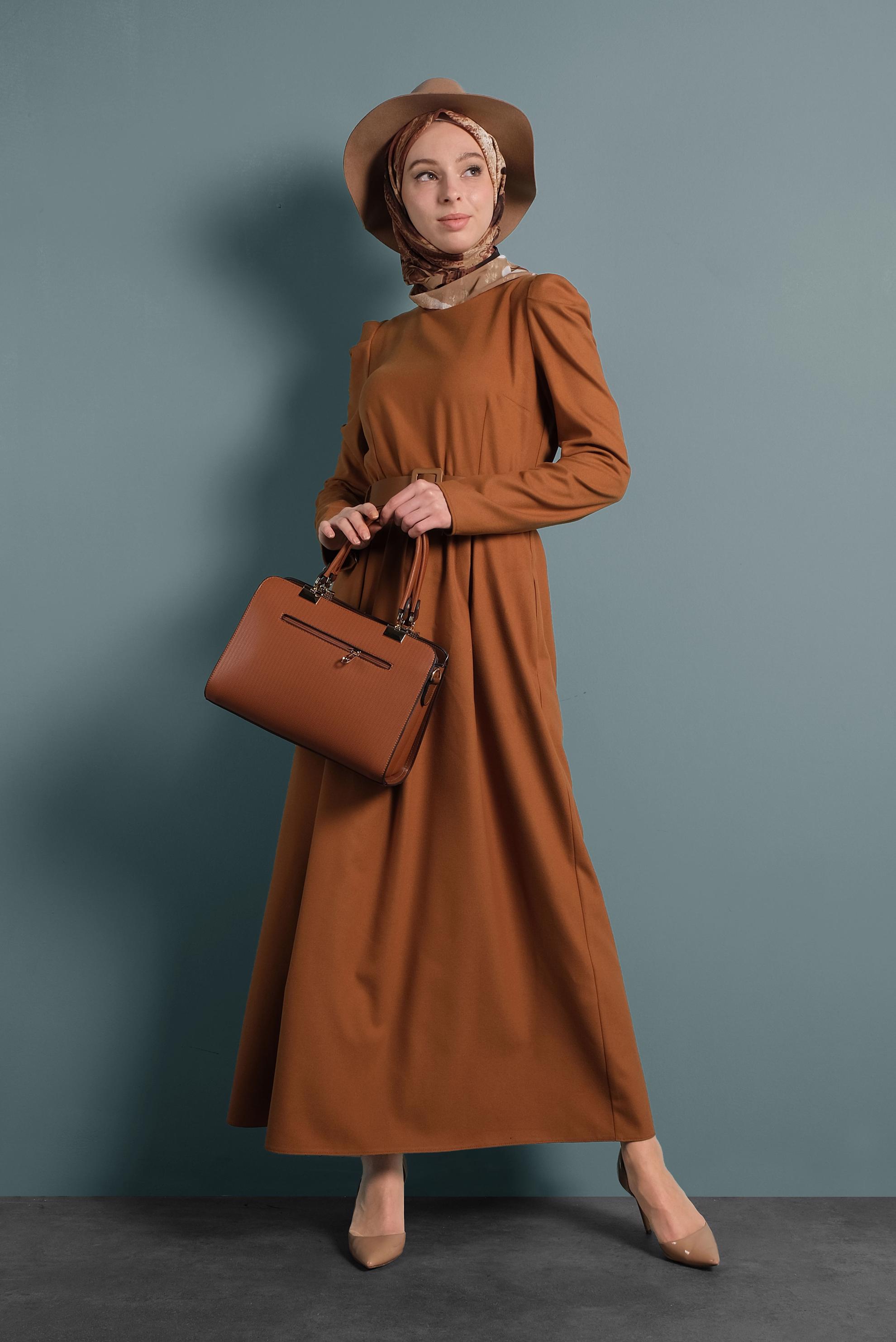 Tesettür giyim TABA KARPUZ KOL ELBİSE 40368 