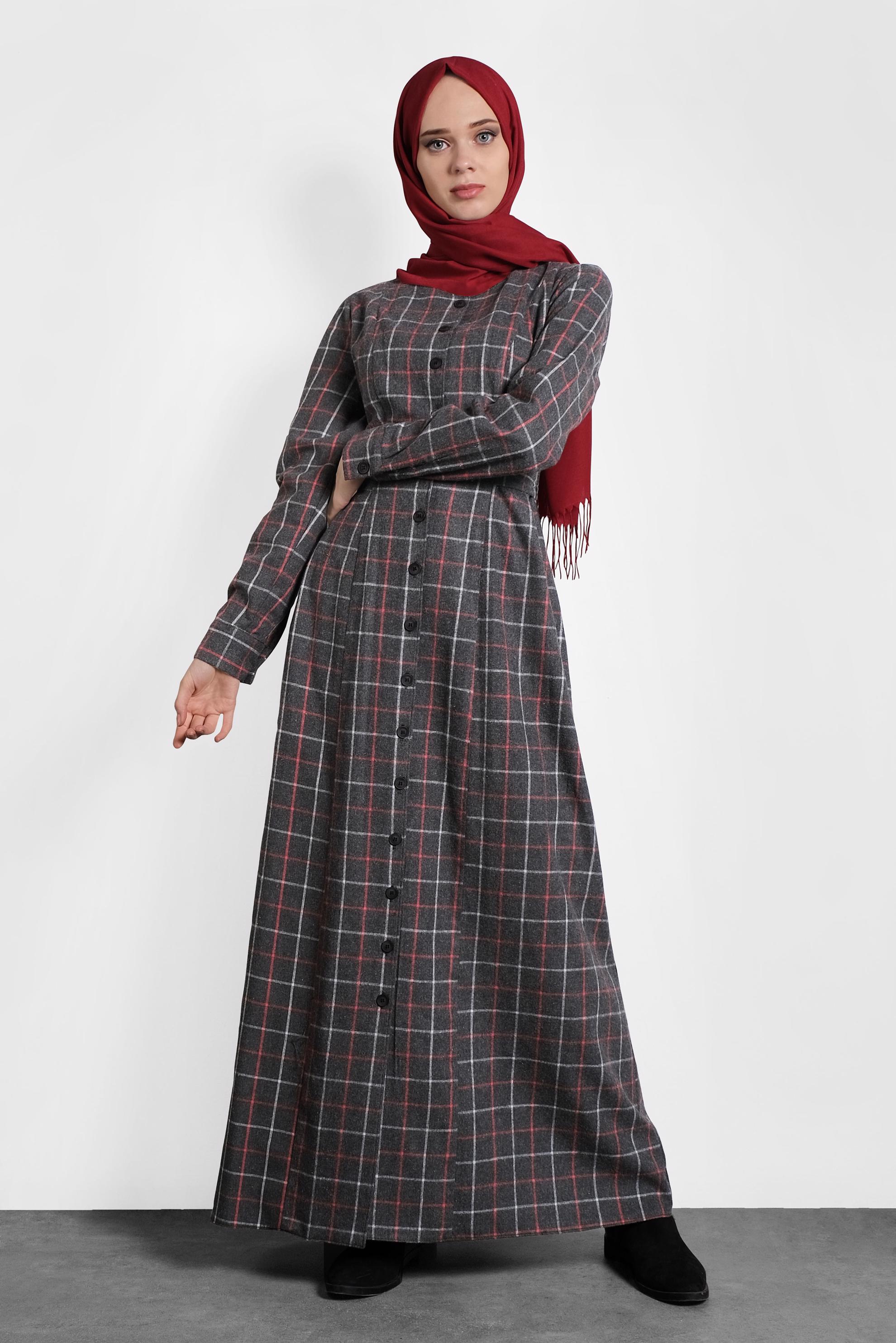 Tesettür giyim GRİ EKOSE DÜĞMELİ ELBİSE 40370