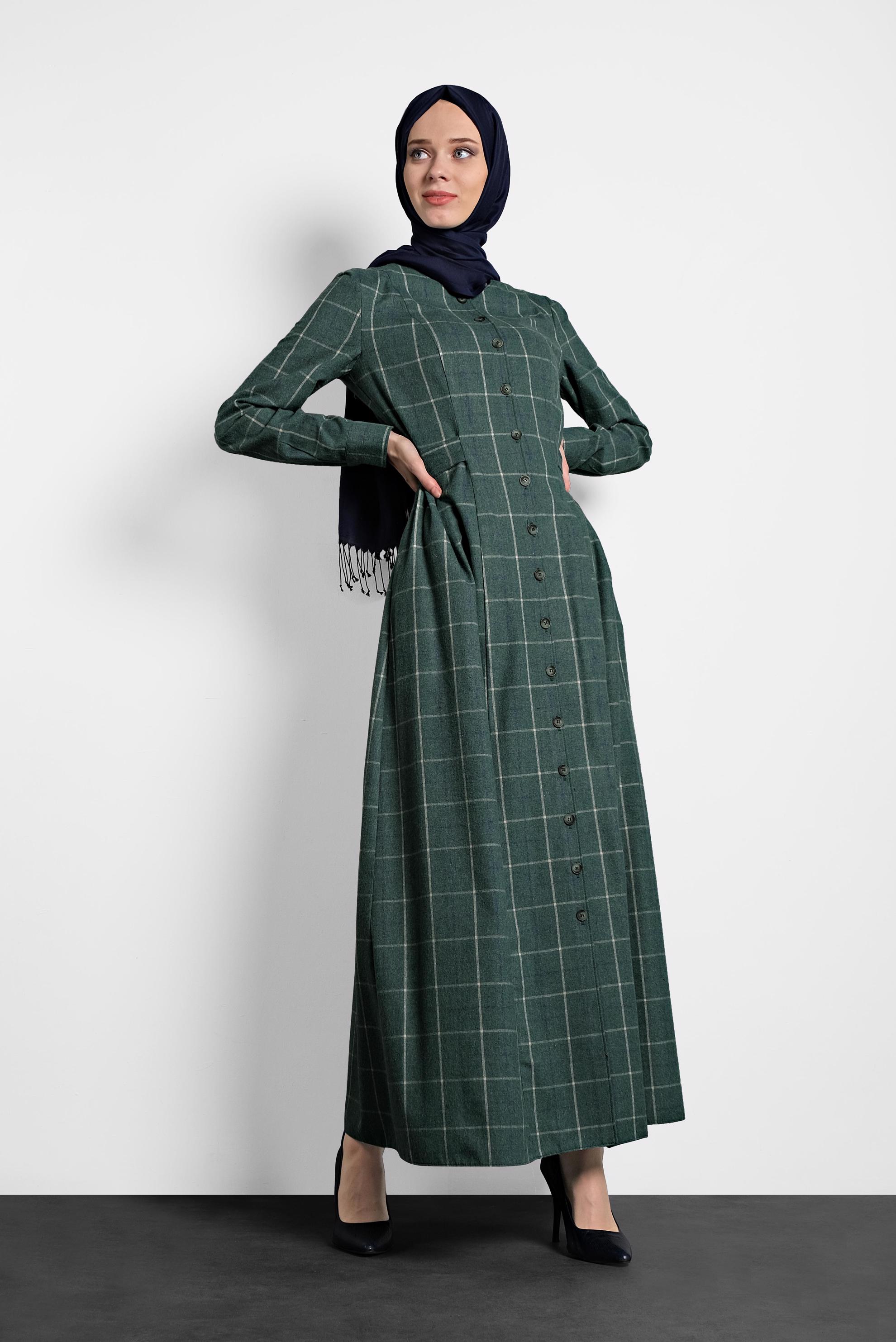 Tesettür giyim YEŞİL EKOSE DÜĞMELİ ELBİSE 40370