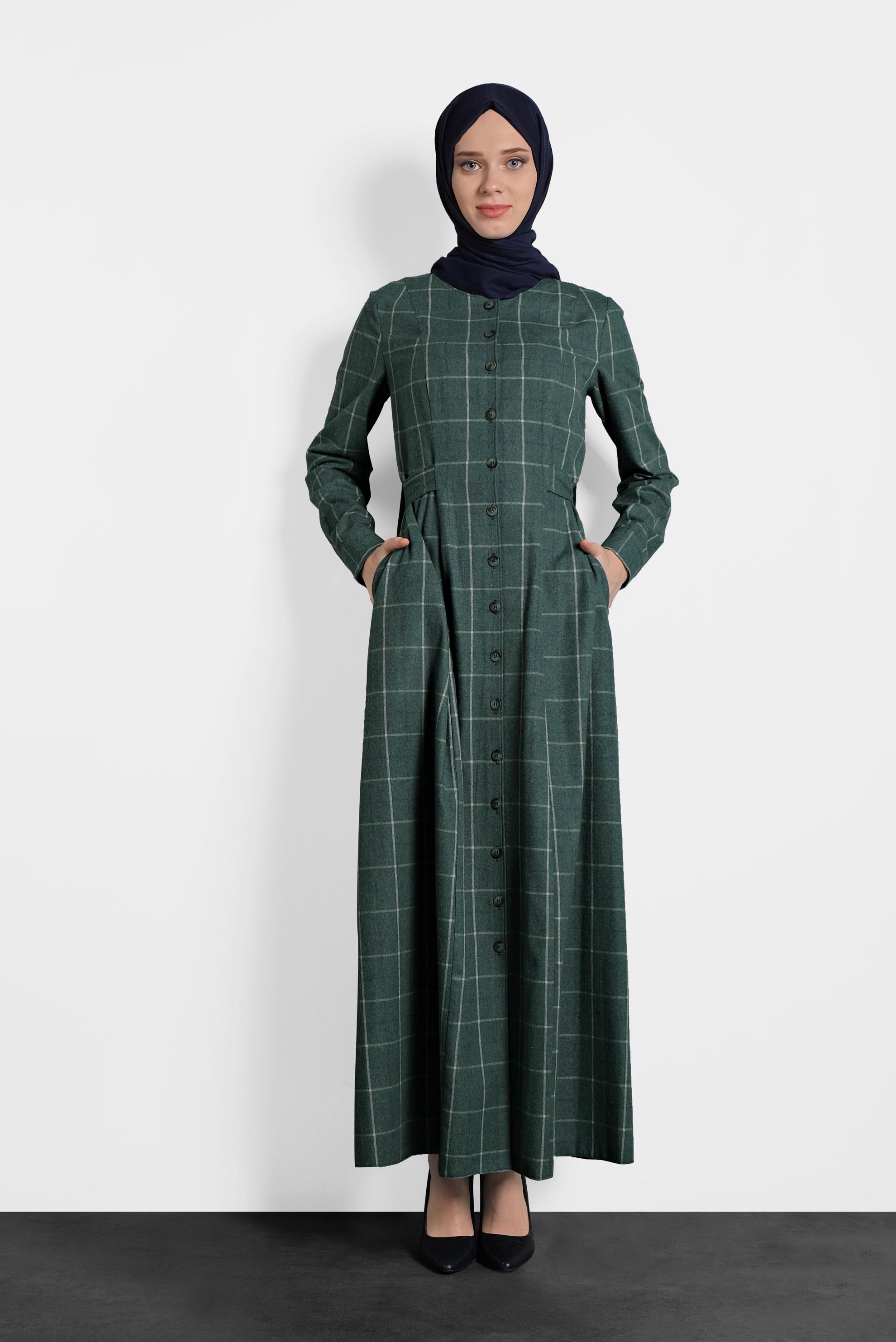 Tesettür giyim YEŞİL EKOSE DÜĞMELİ ELBİSE 40370