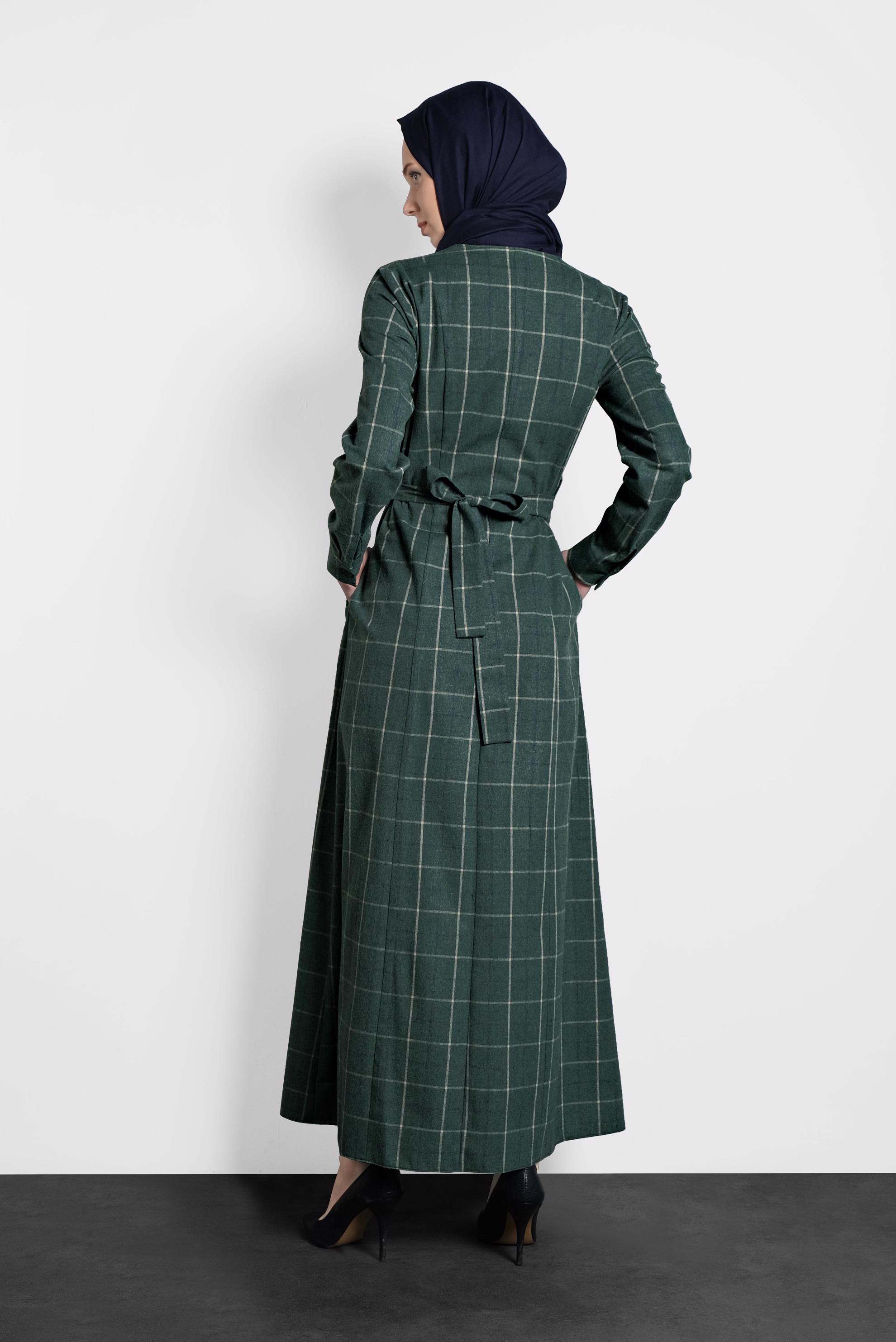 Tesettür giyim YEŞİL EKOSE DÜĞMELİ ELBİSE 40370
