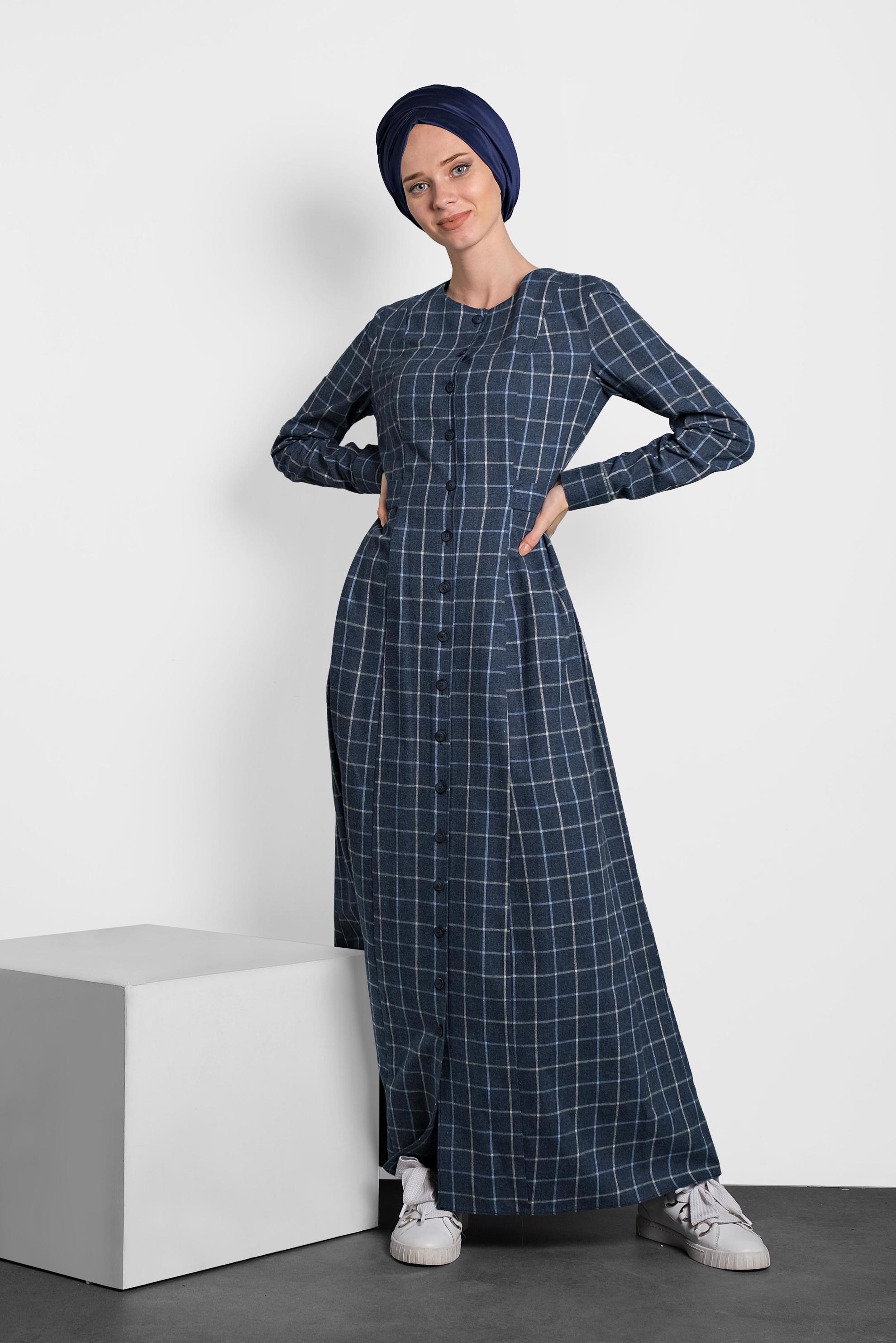 Tesettür giyim LACİVERT EKOSE DÜĞMELİ ELBİSE 40370