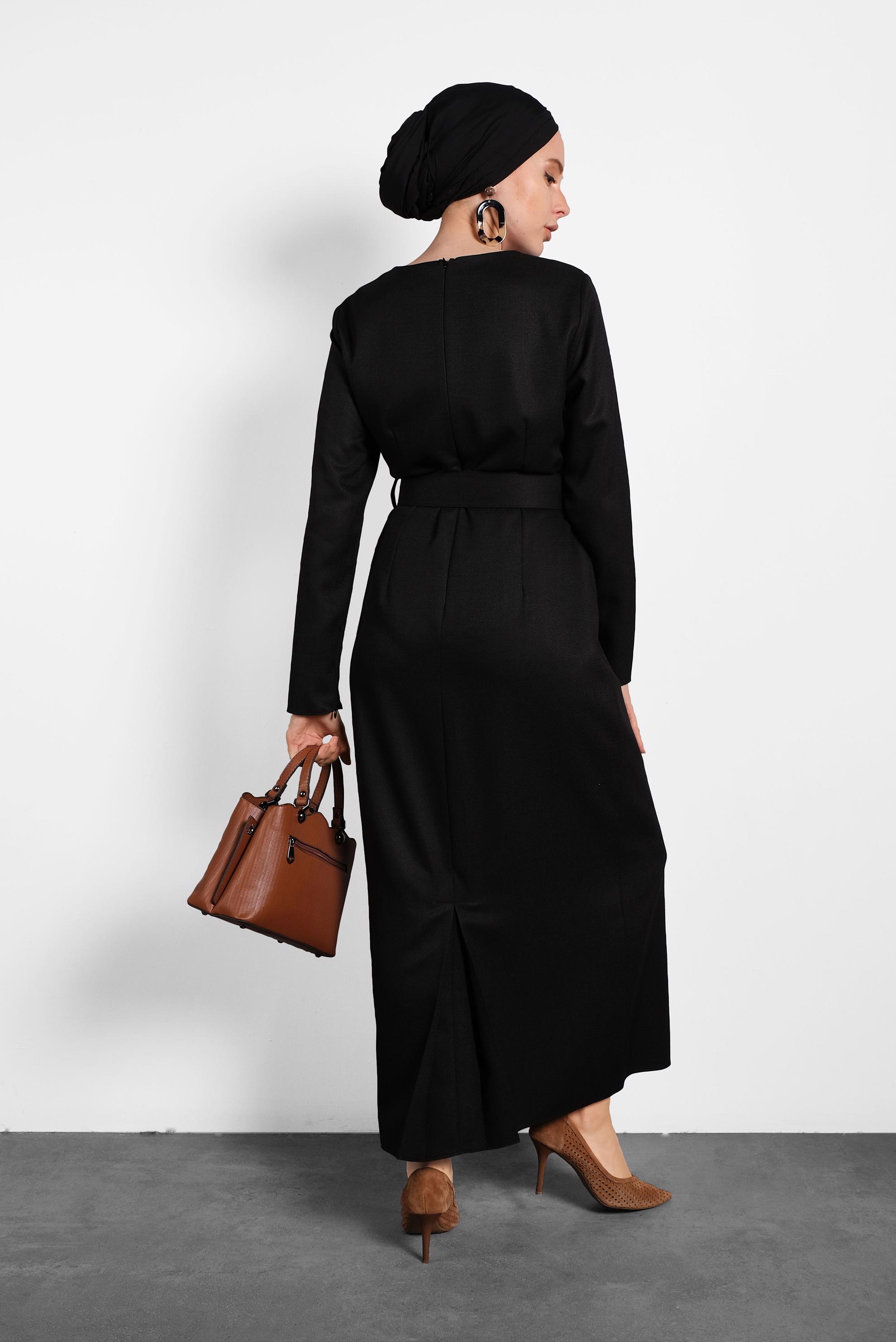 Tesettür giyim SİYAH KEMERLİ ELBİSE 40372 