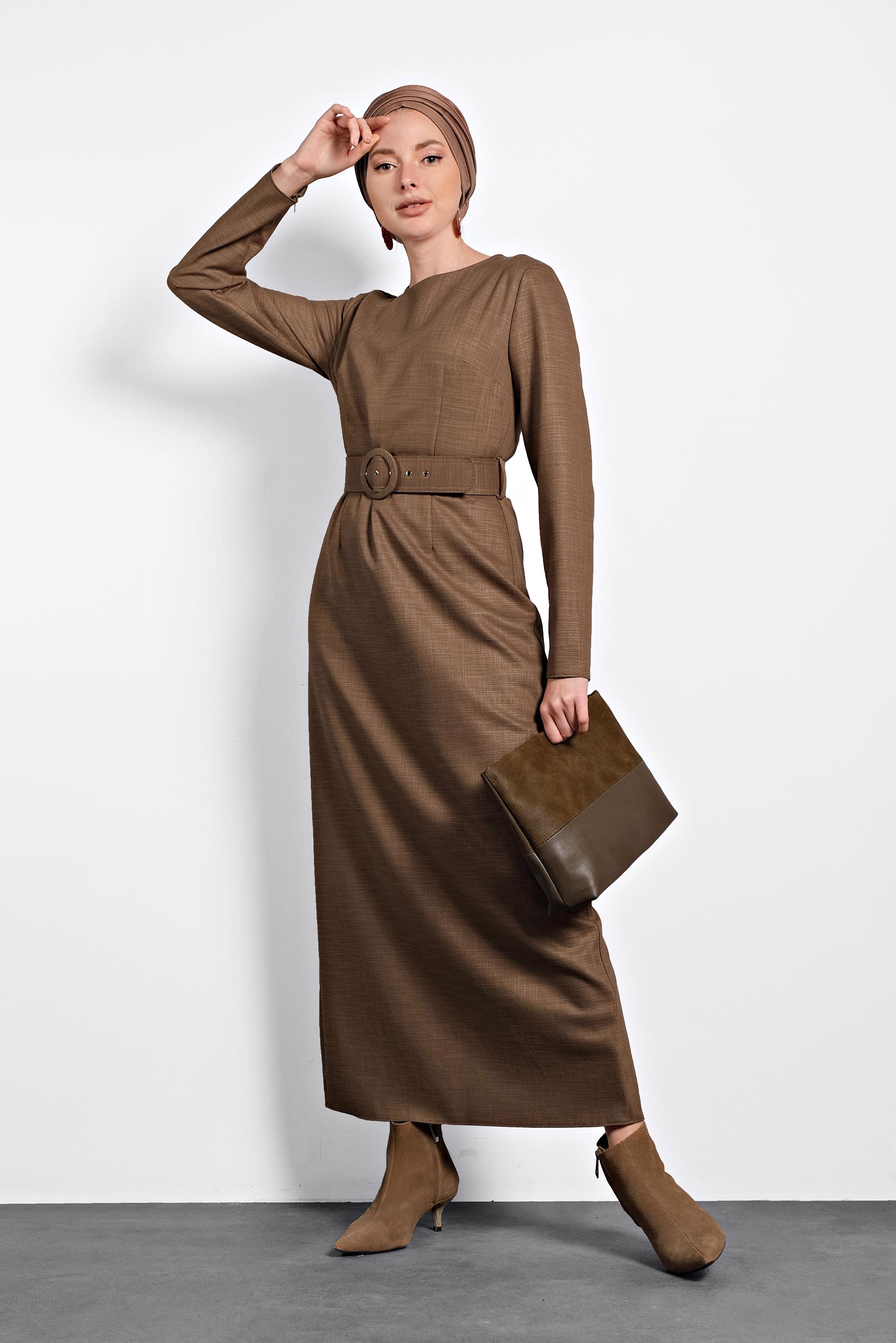 Tesettür giyim VİZON KEMERLİ ELBİSE 40372 