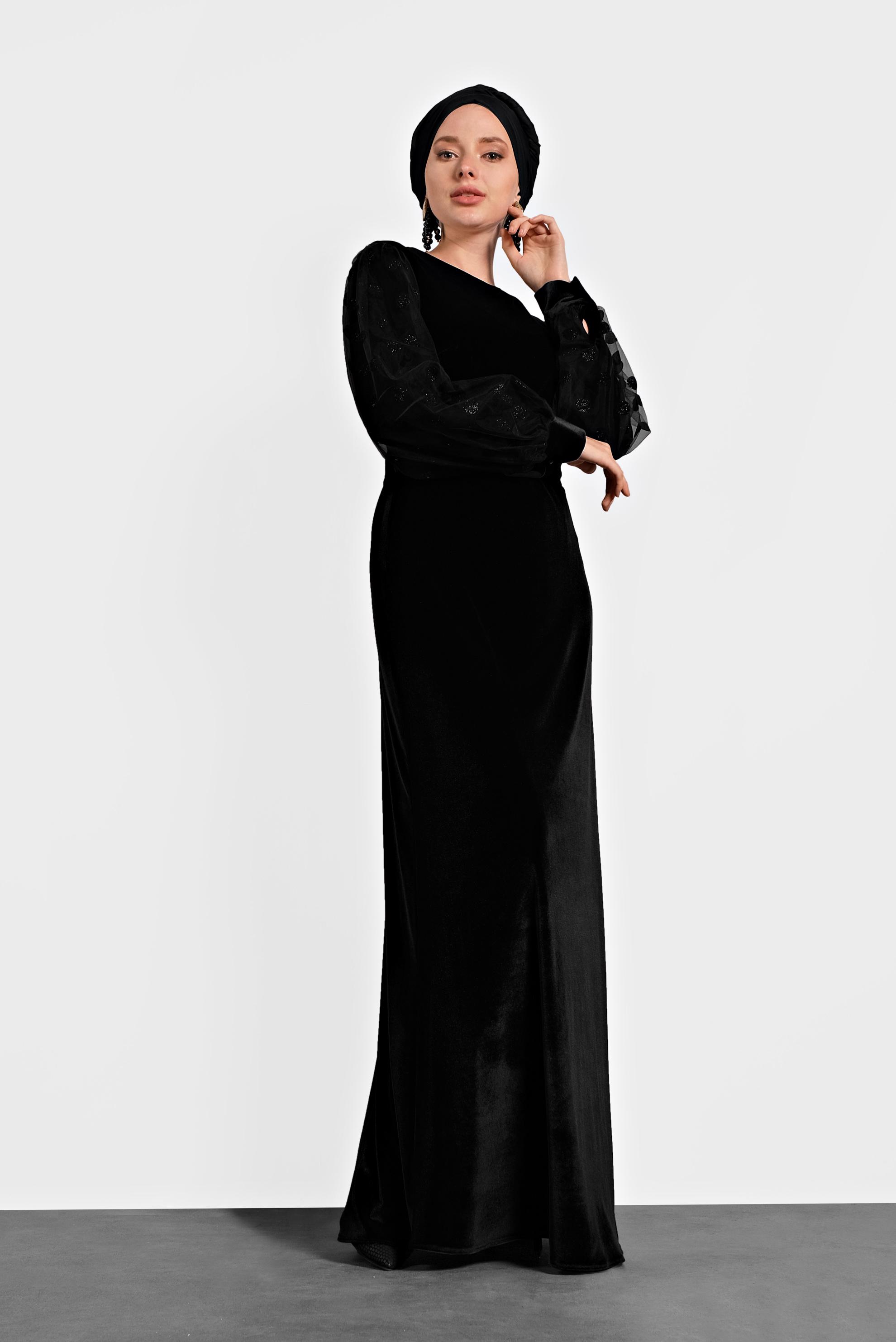 Tesettür giyim SİYAH KADİFE KOLLARI TÜLLÜ KEMERLİ ELBİSE 40378 