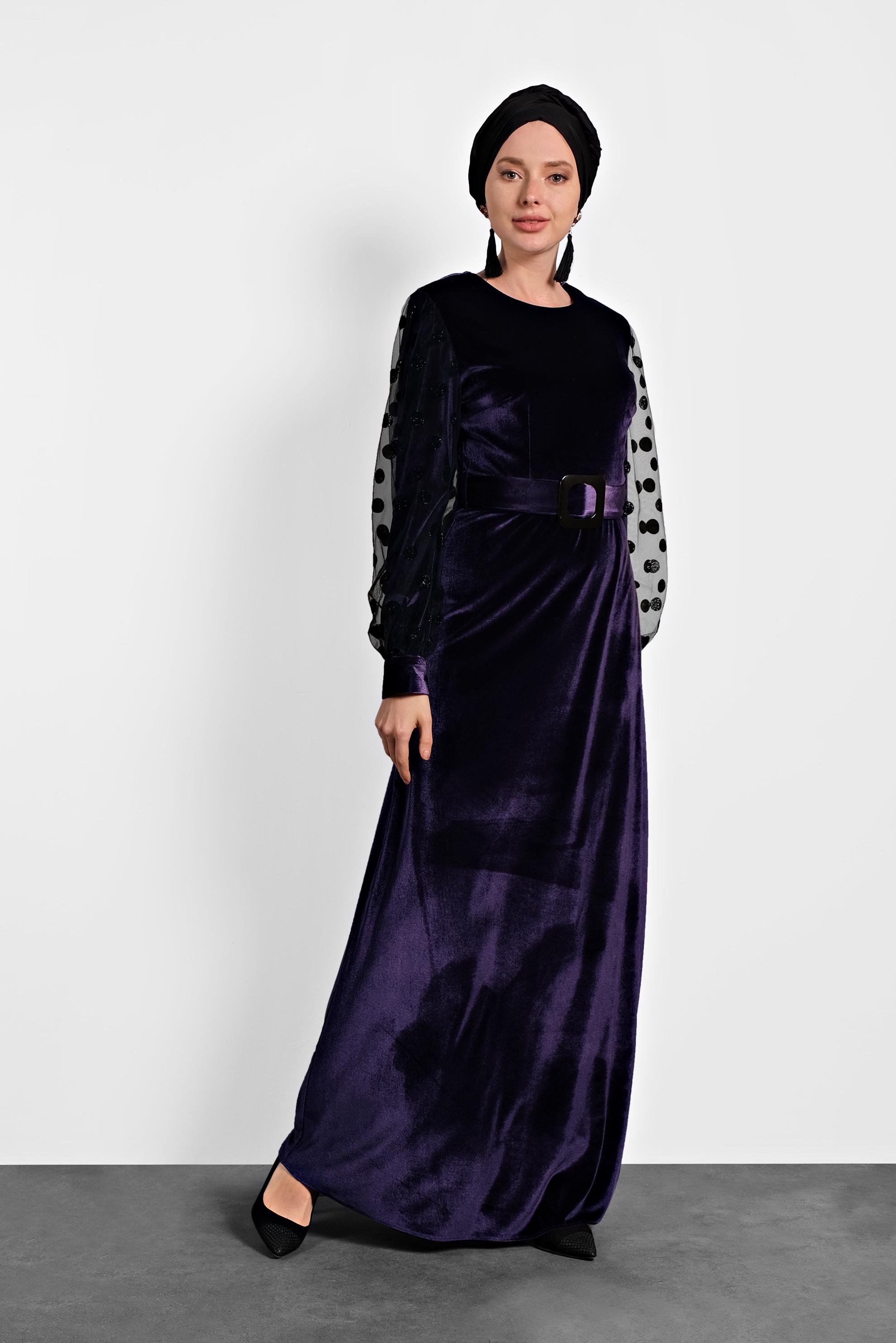 Tesettür giyim MOR KADİFE KOLLARI TÜLLÜ KEMERLİ ELBİSE 40378 