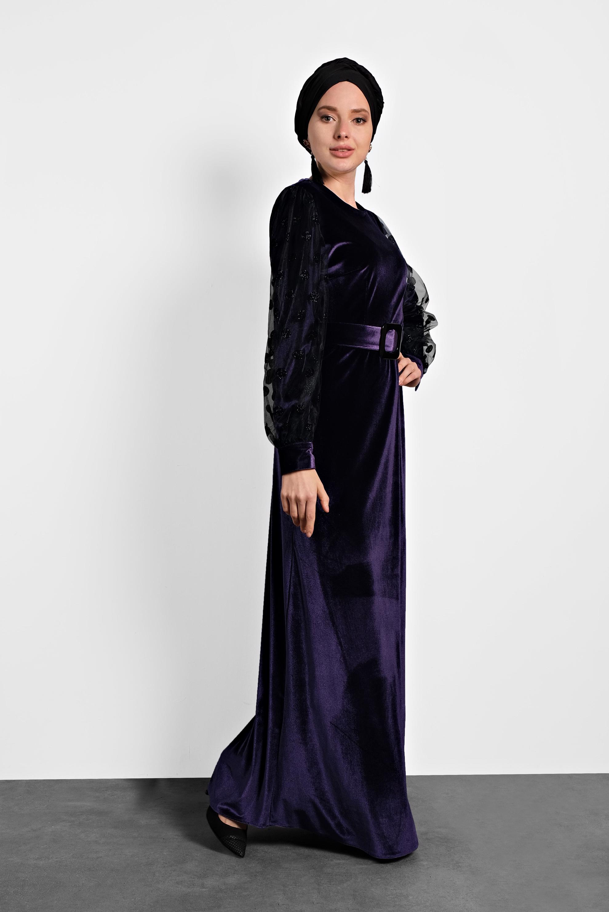 Tesettür giyim MOR KADİFE KOLLARI TÜLLÜ KEMERLİ ELBİSE 40378 