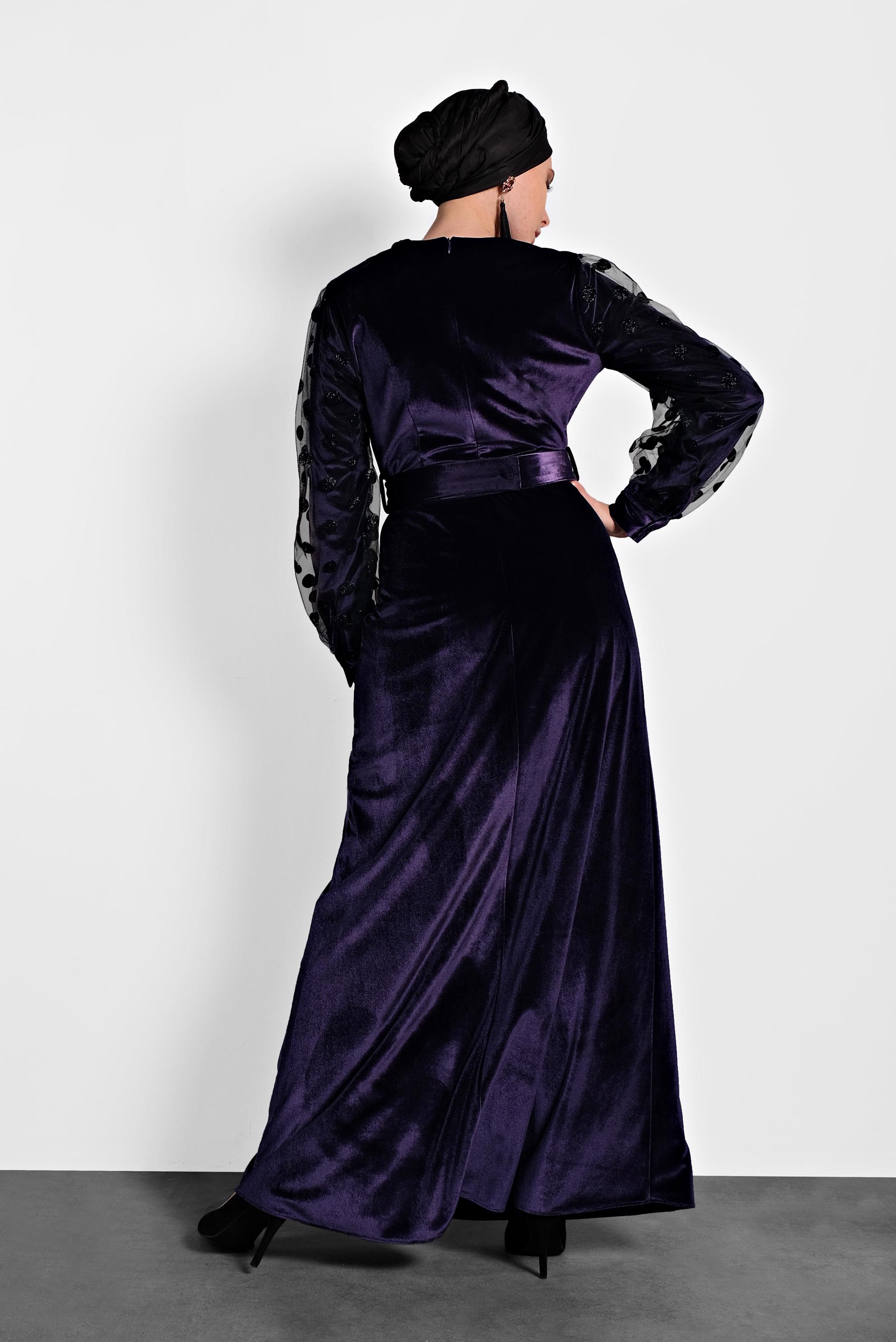 Tesettür giyim MOR KADİFE KOLLARI TÜLLÜ KEMERLİ ELBİSE 40378 