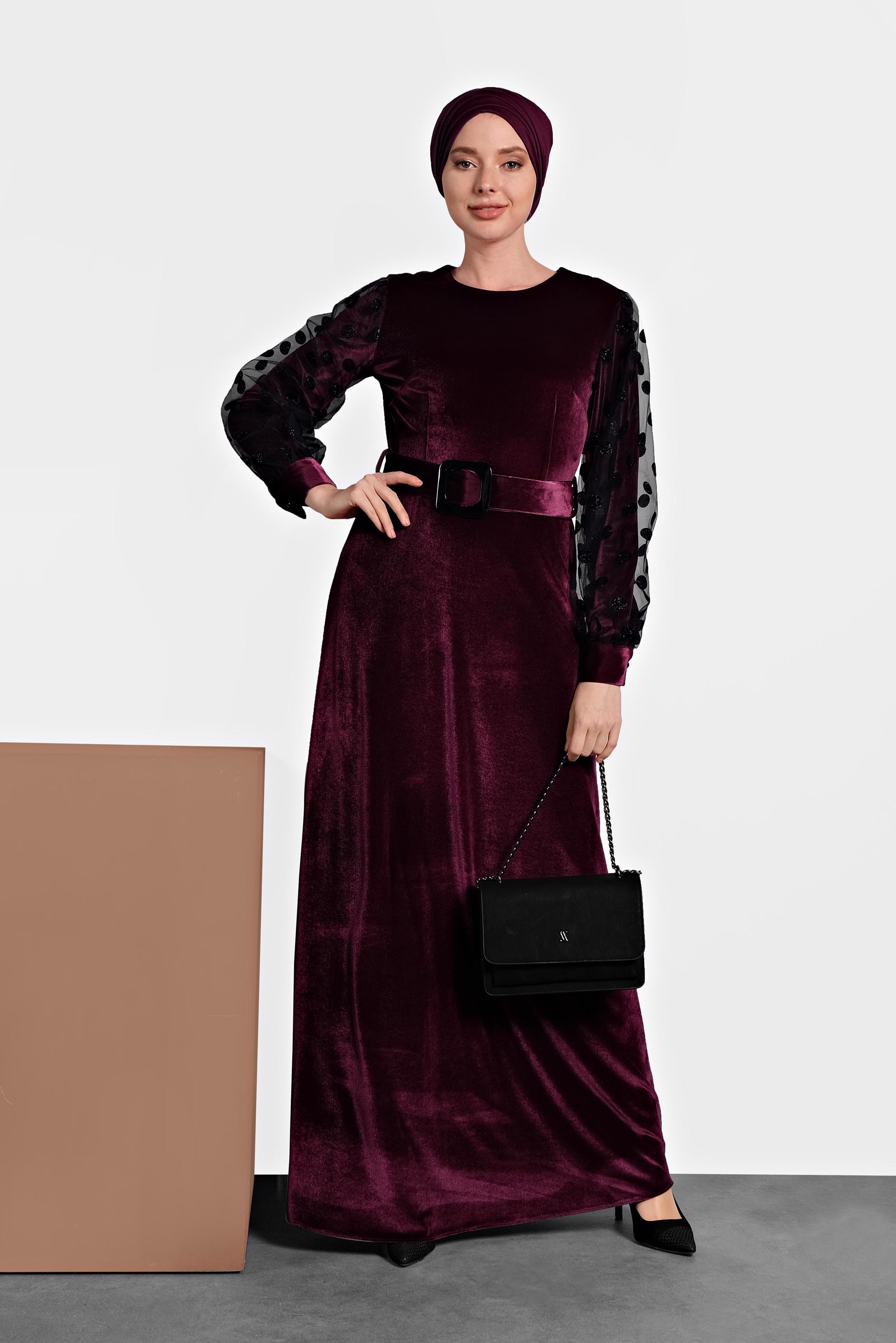 Tesettür giyim BORDO KADİFE KOLLARI TÜLLÜ KEMERLİ ELBİSE 40378 