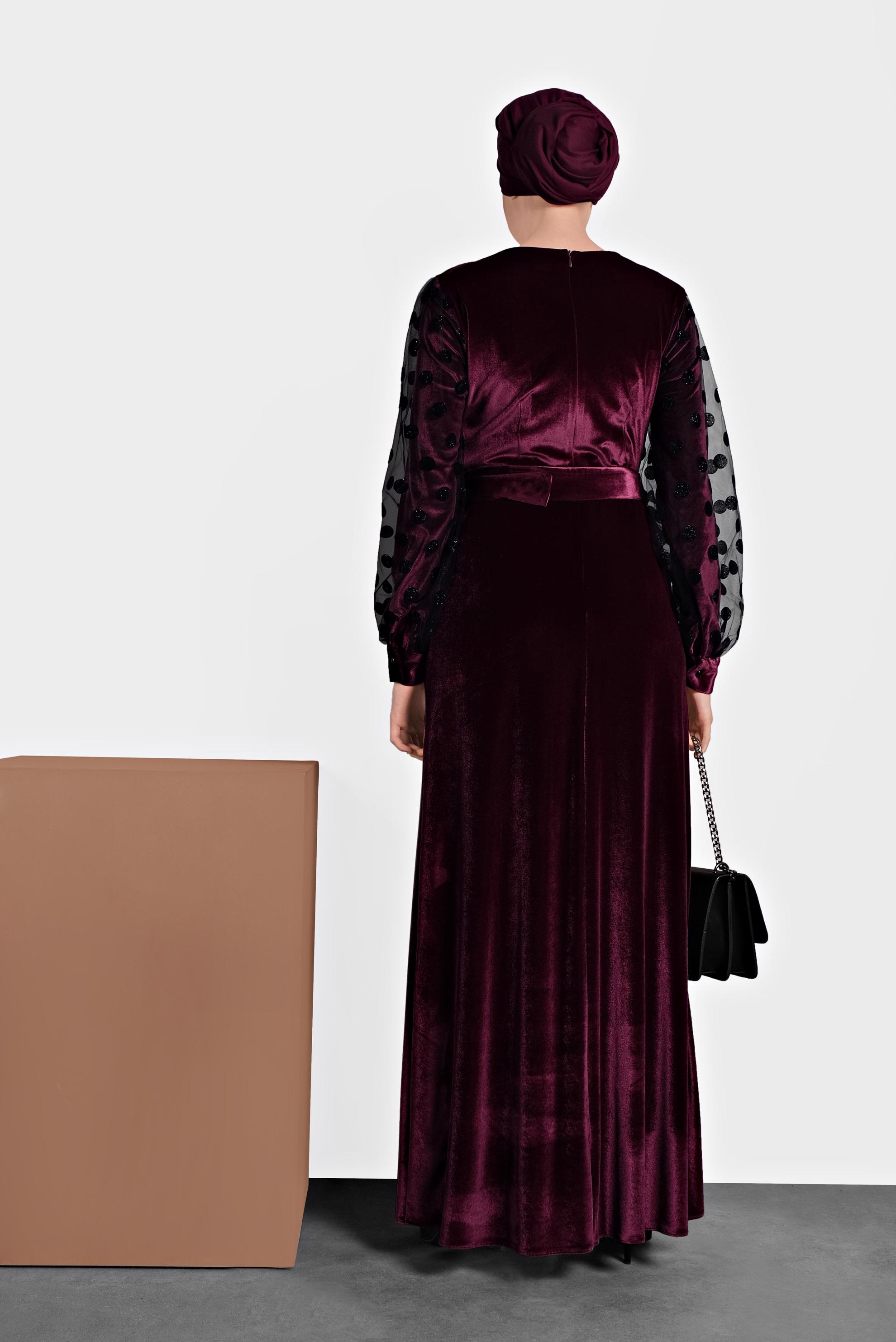 Tesettür giyim BORDO KADİFE KOLLARI TÜLLÜ KEMERLİ ELBİSE 40378 