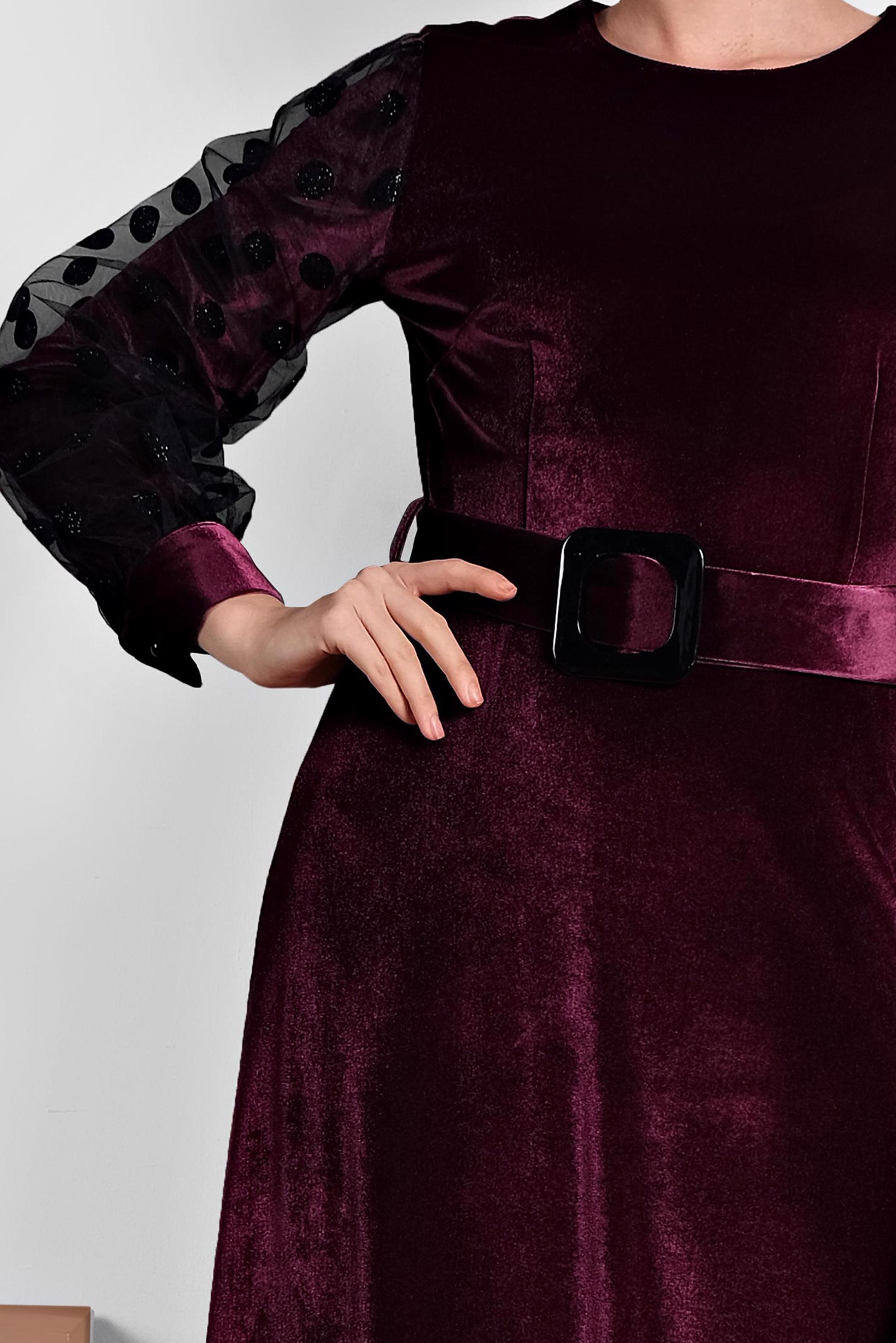 Tesettür giyim BORDO KADİFE KOLLARI TÜLLÜ KEMERLİ ELBİSE 40378 