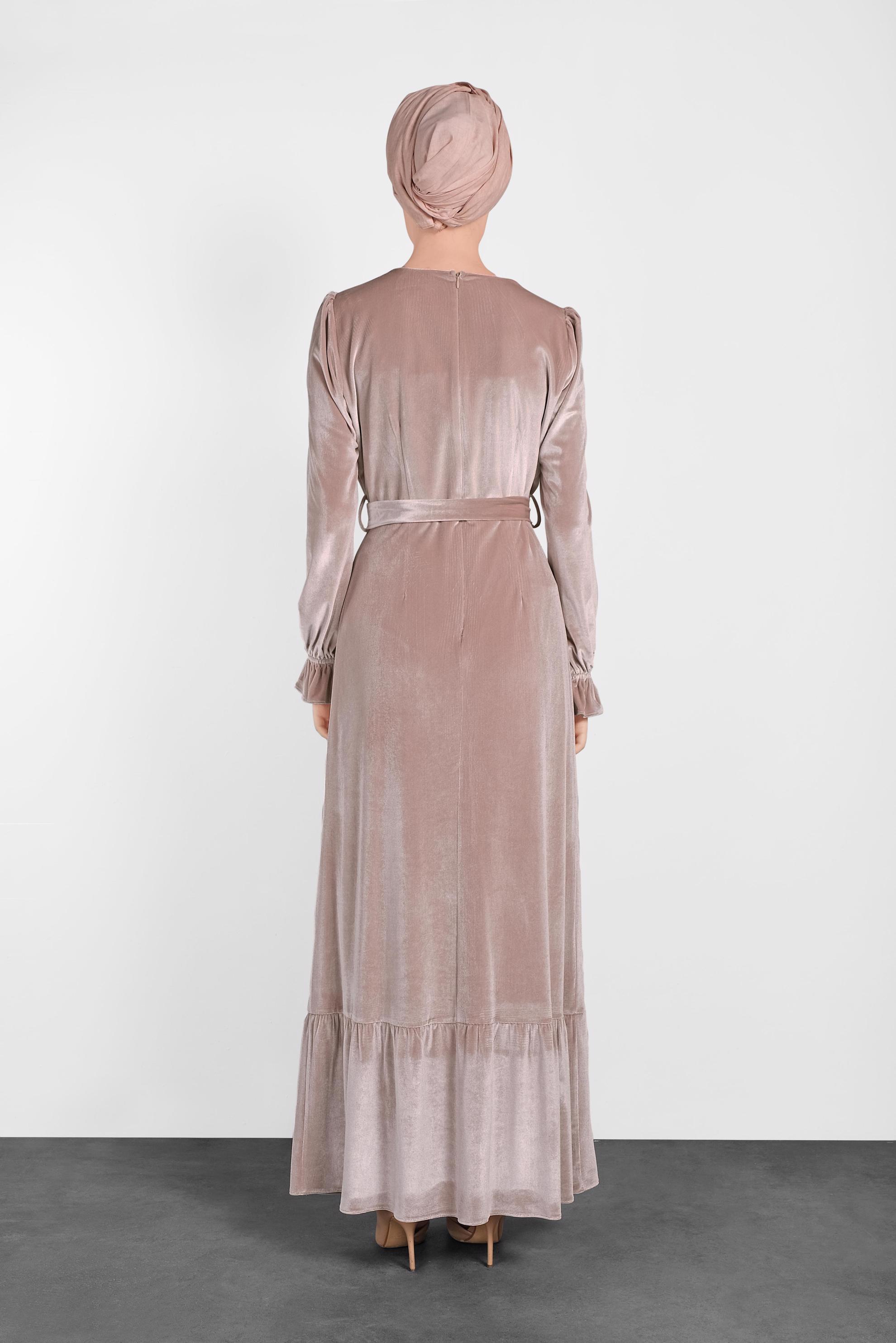 Tesettür giyim PUDRA KUŞAKLI NAKIŞLI ELBİSE 40379	