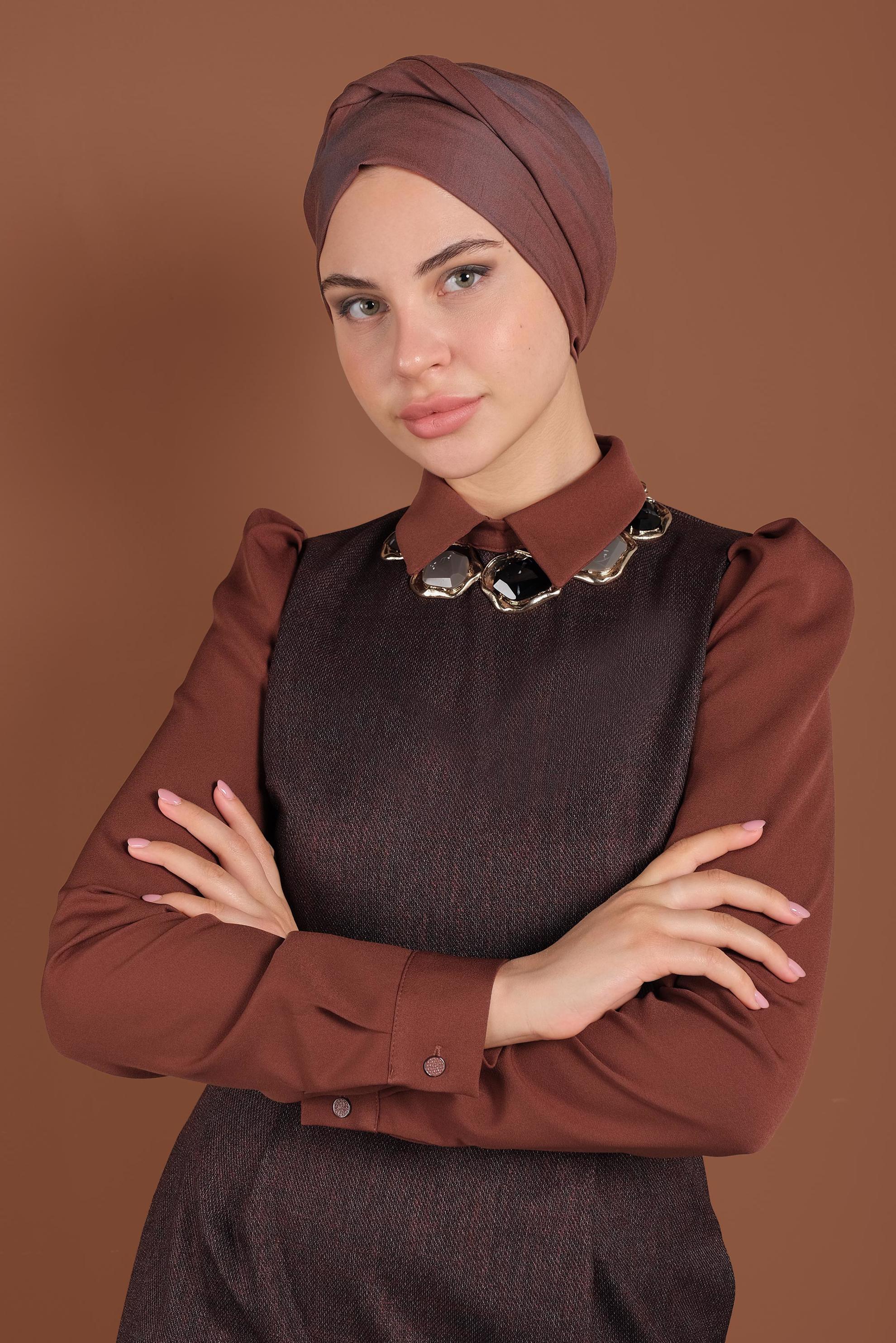 Tesettür giyim BORDO KEMERLİ ELBİSE 40382 