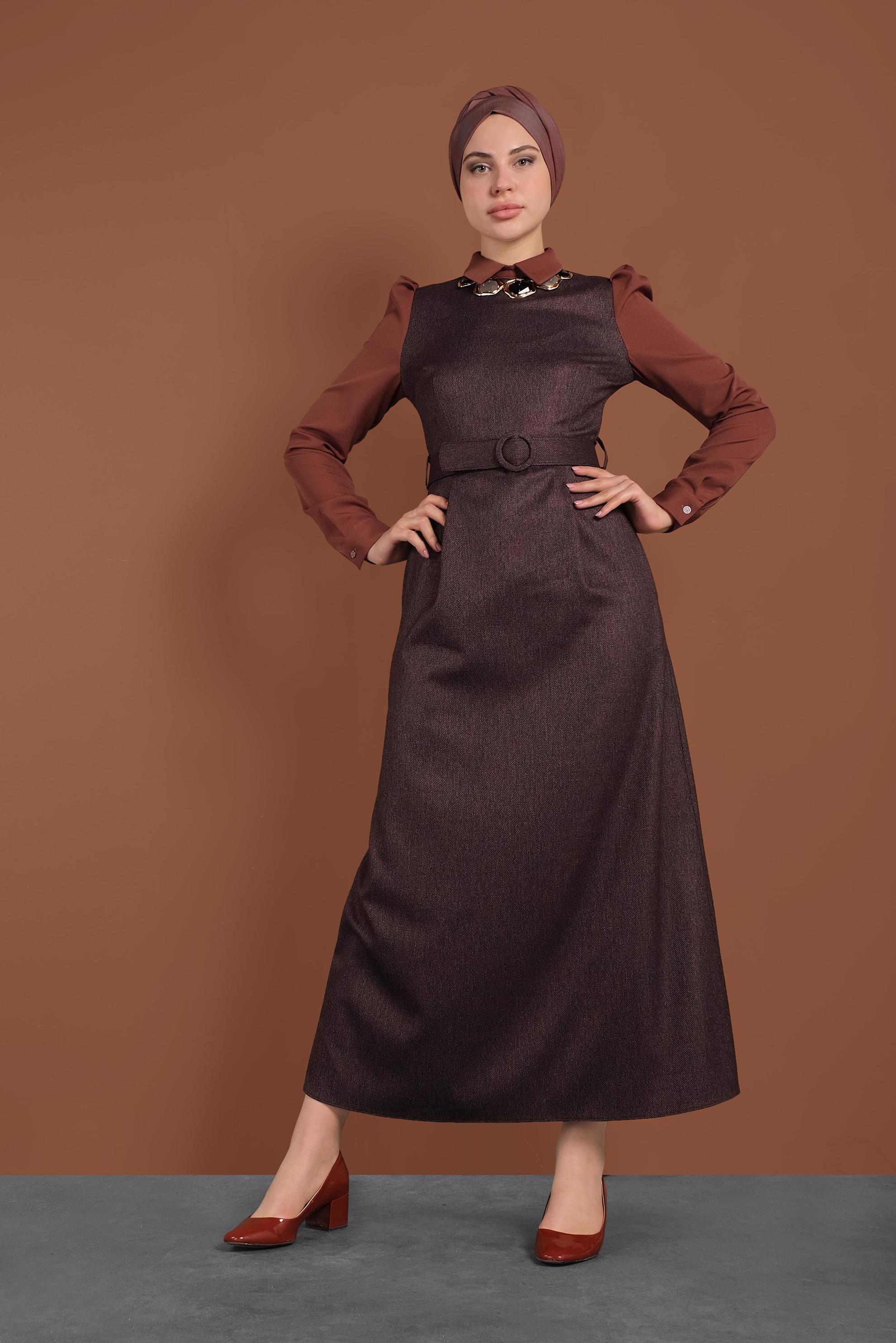 Tesettür giyim BORDO KEMERLİ ELBİSE 40382 