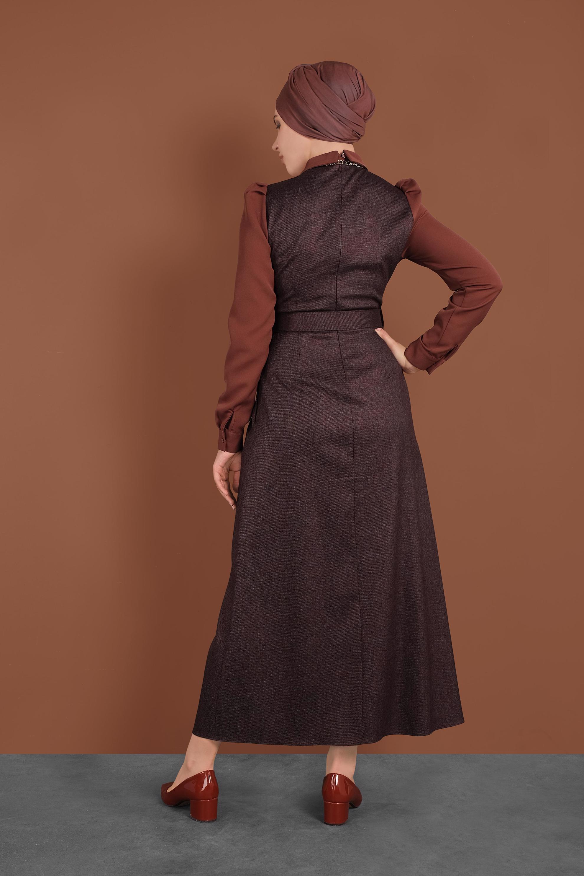 Tesettür giyim BORDO KEMERLİ ELBİSE 40382 