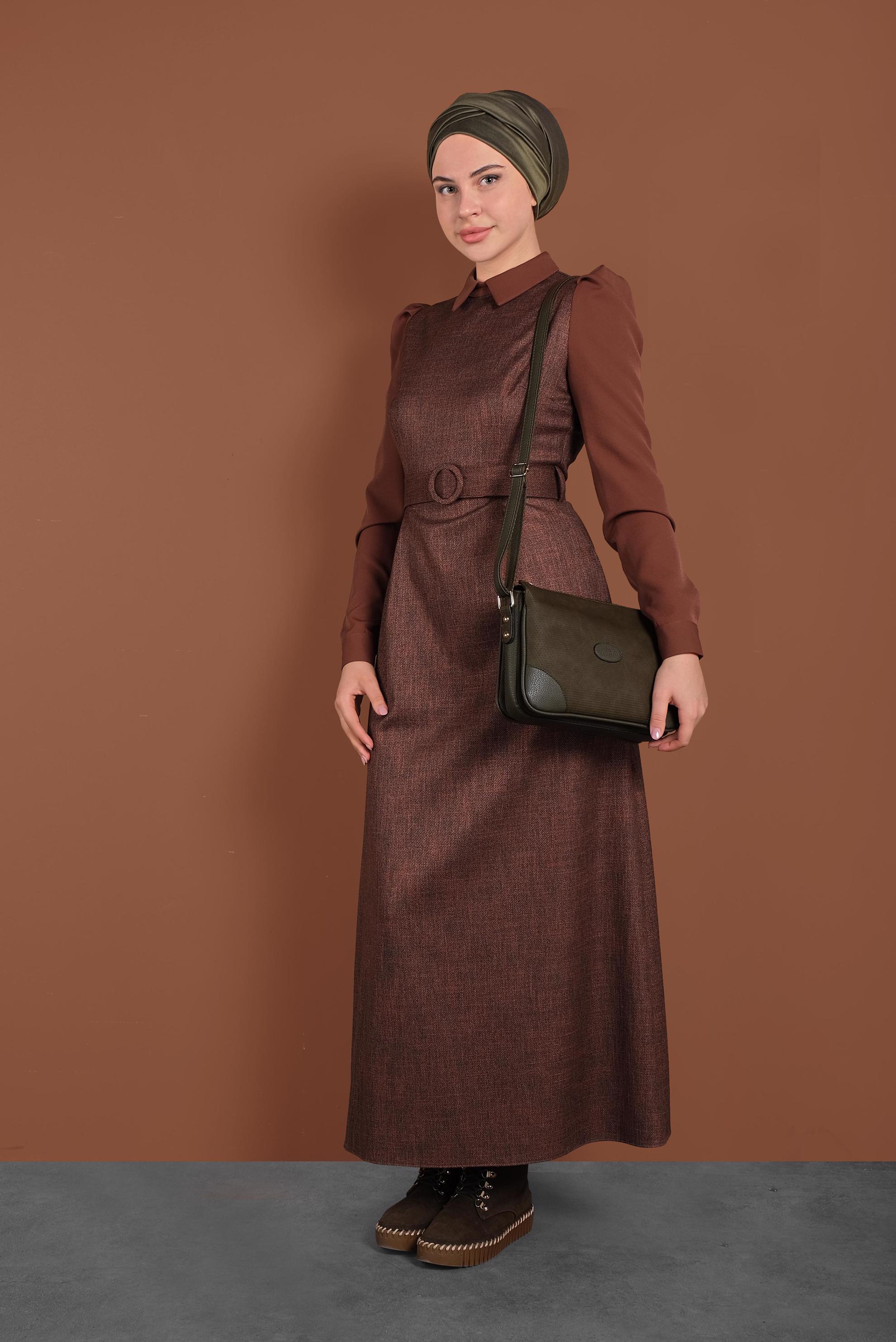 Tesettür giyim TURUNCU KEMERLİ ELBİSE 40382 