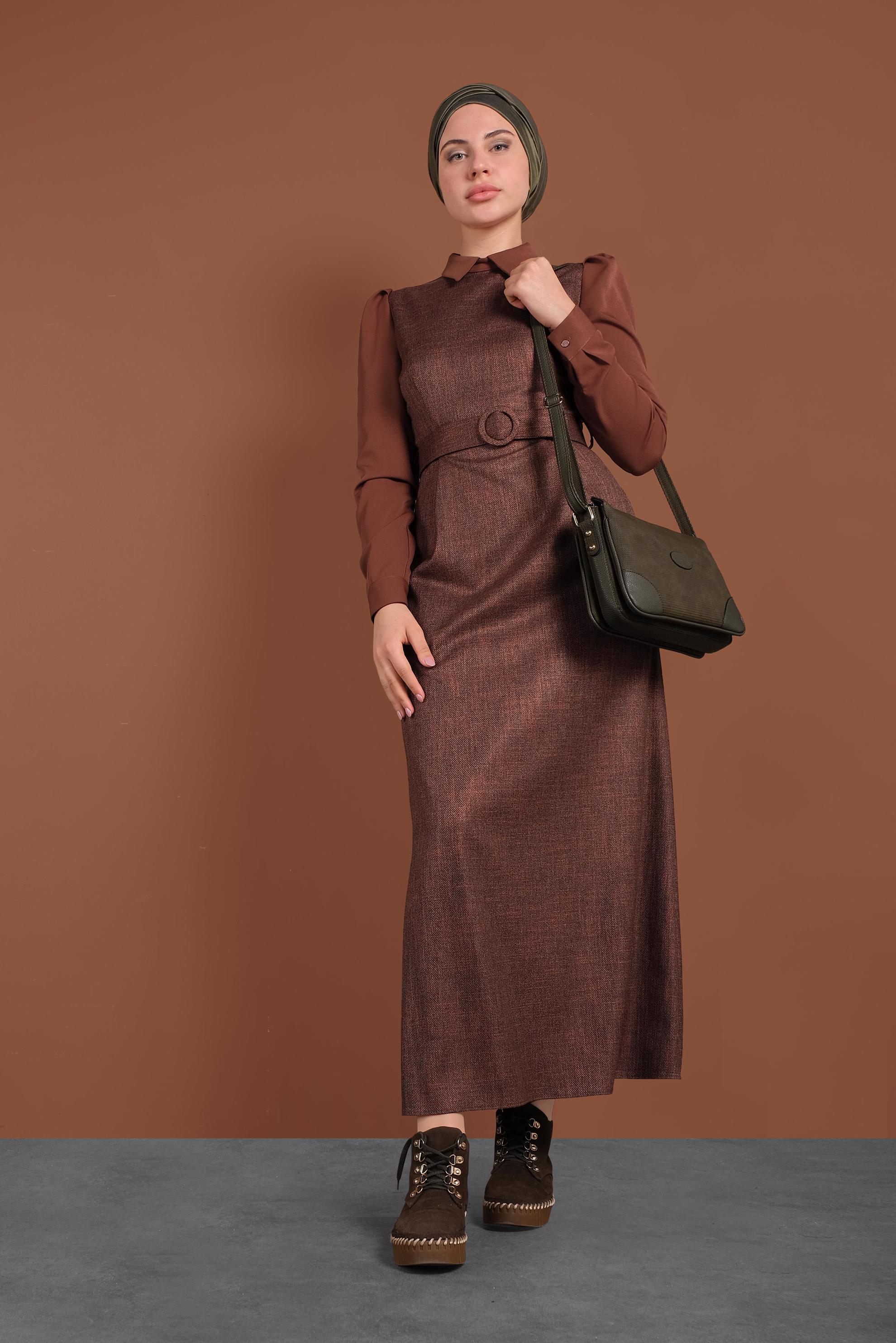 Tesettür giyim TURUNCU KEMERLİ ELBİSE 40382 