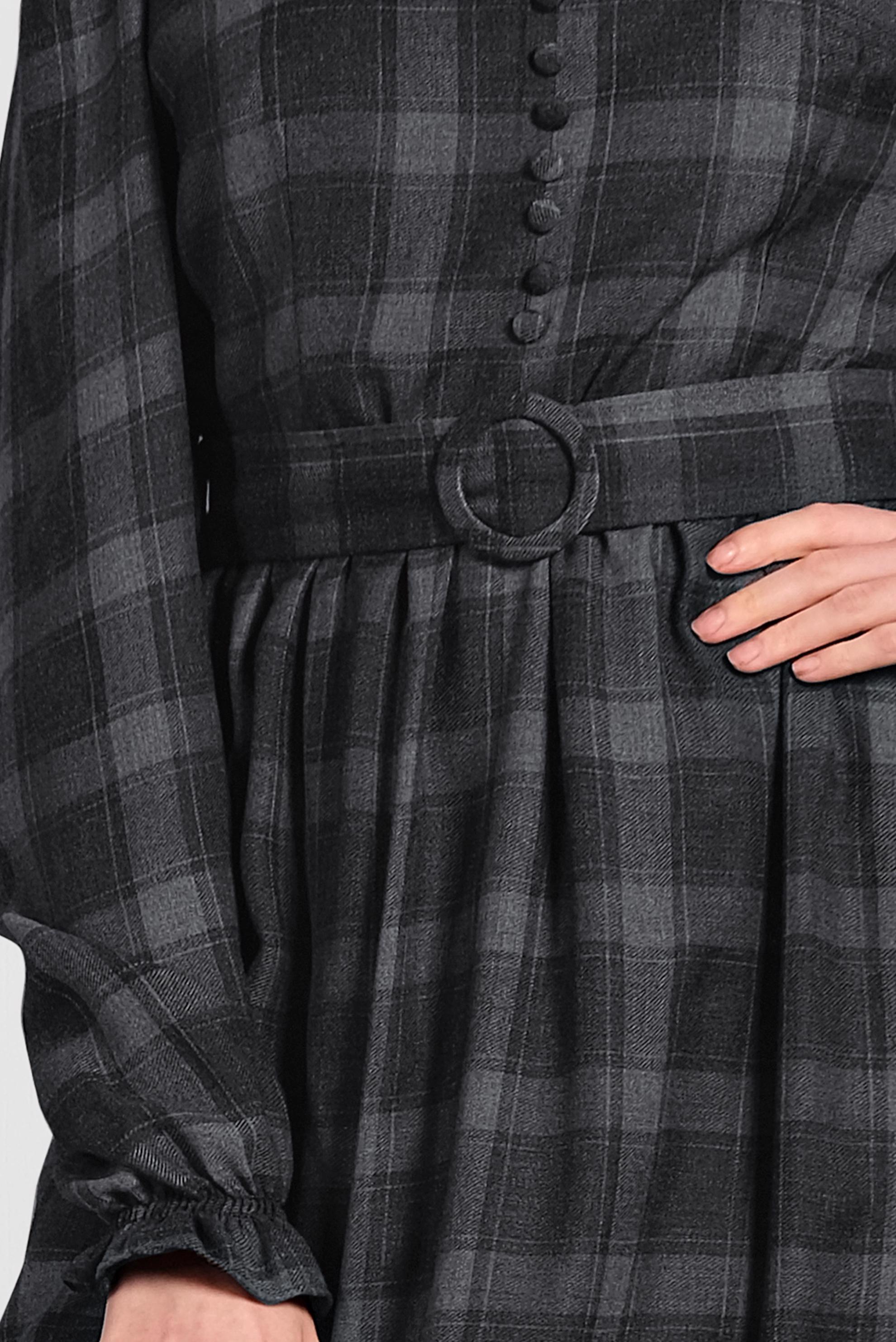 Tesettür giyim SİYAH DÜĞMELİ EKOSE ELBİSE 40383 