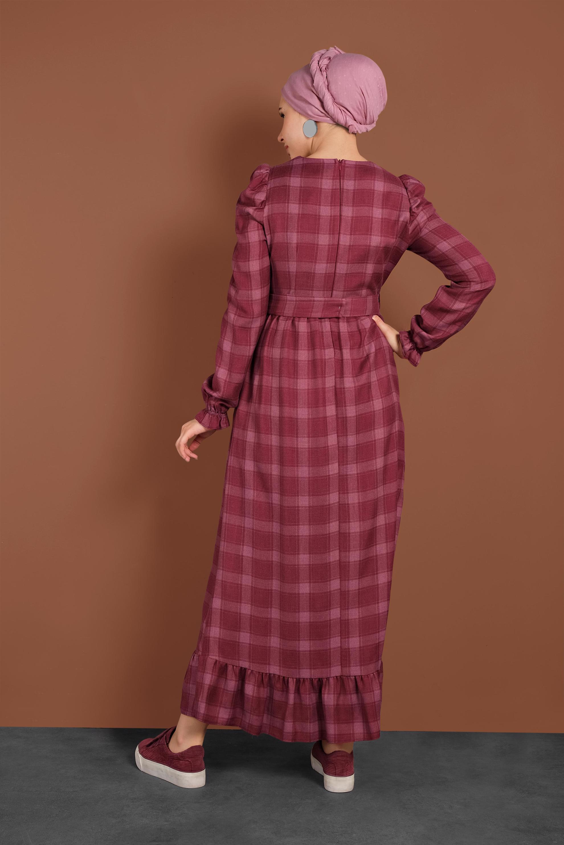 Tesettür giyim BORDO DÜĞMELİ EKOSE ELBİSE 40383 