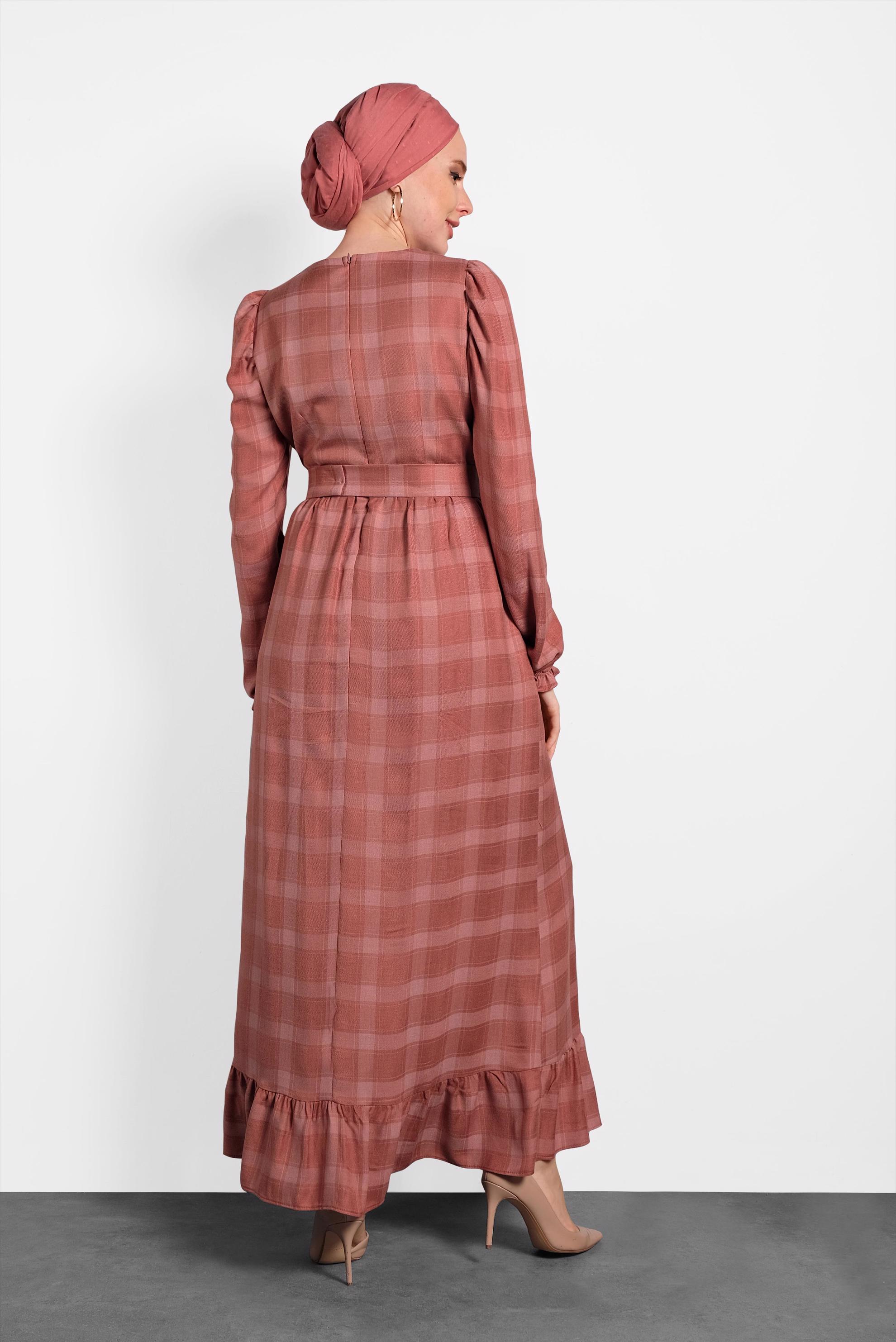 Tesettür giyim TABA DÜĞMELİ EKOSE ELBİSE 40383 