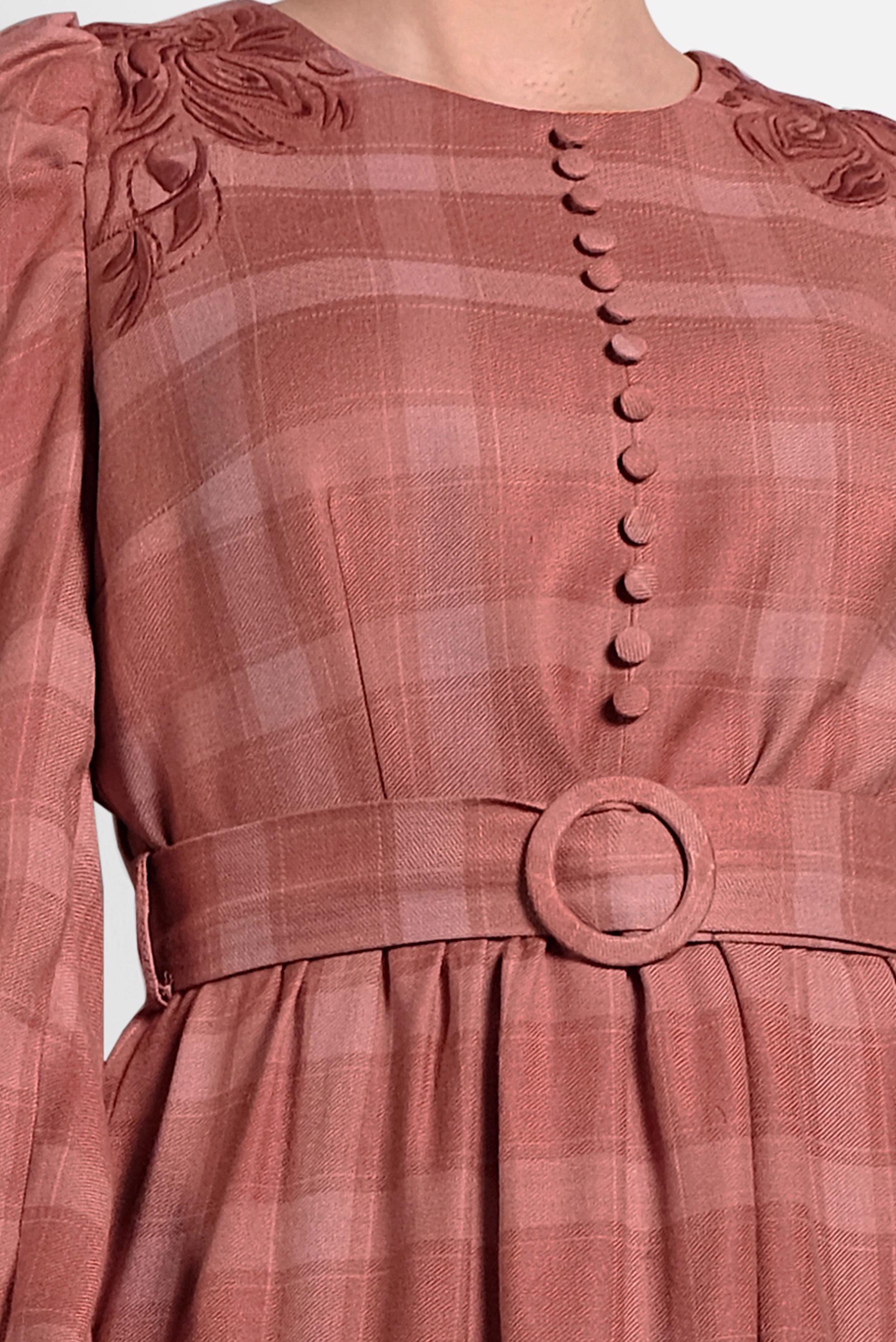 Tesettür giyim TABA DÜĞMELİ EKOSE ELBİSE 40383 