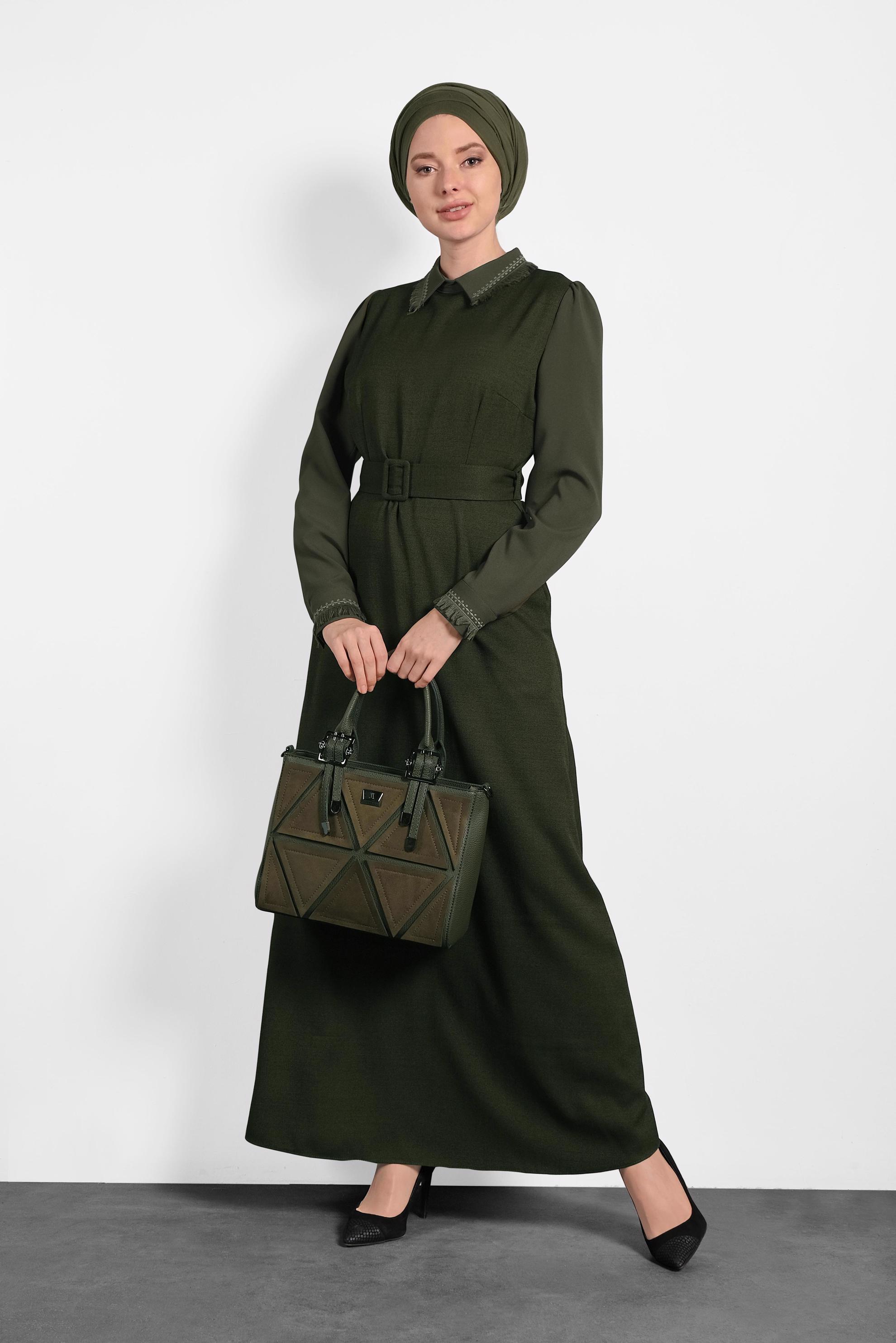 Tesettür giyim HAKİ KEMERLİ ELBİSE 40384 