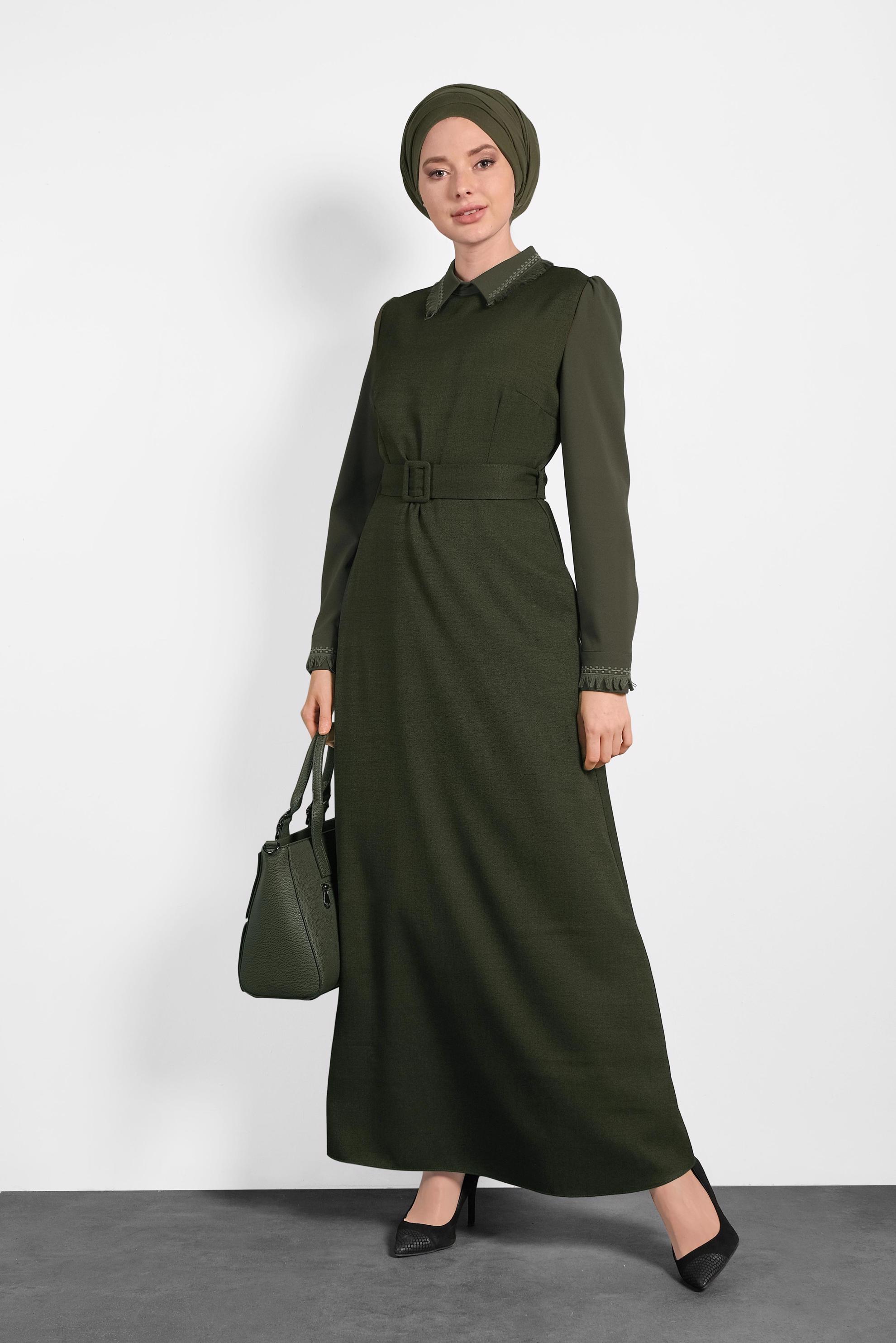 Tesettür giyim HAKİ KEMERLİ ELBİSE 40384 