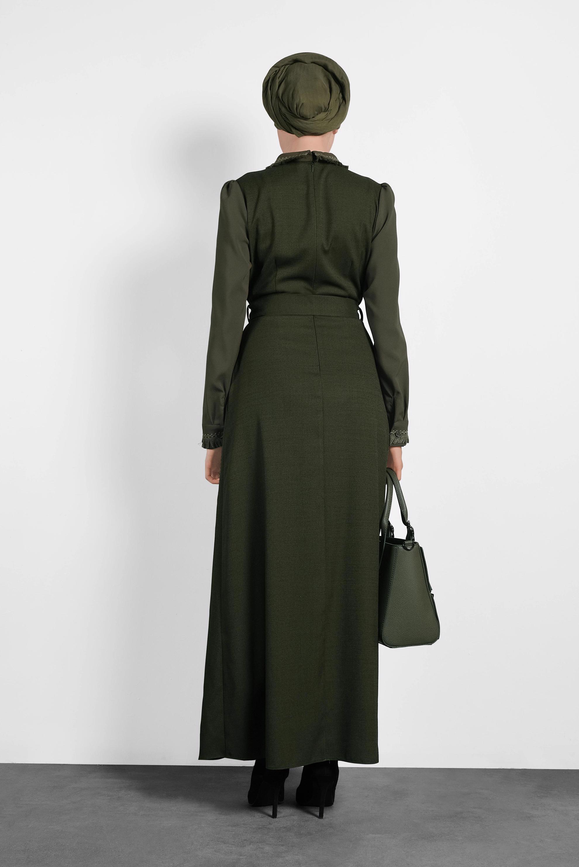 Tesettür giyim HAKİ KEMERLİ ELBİSE 40384 