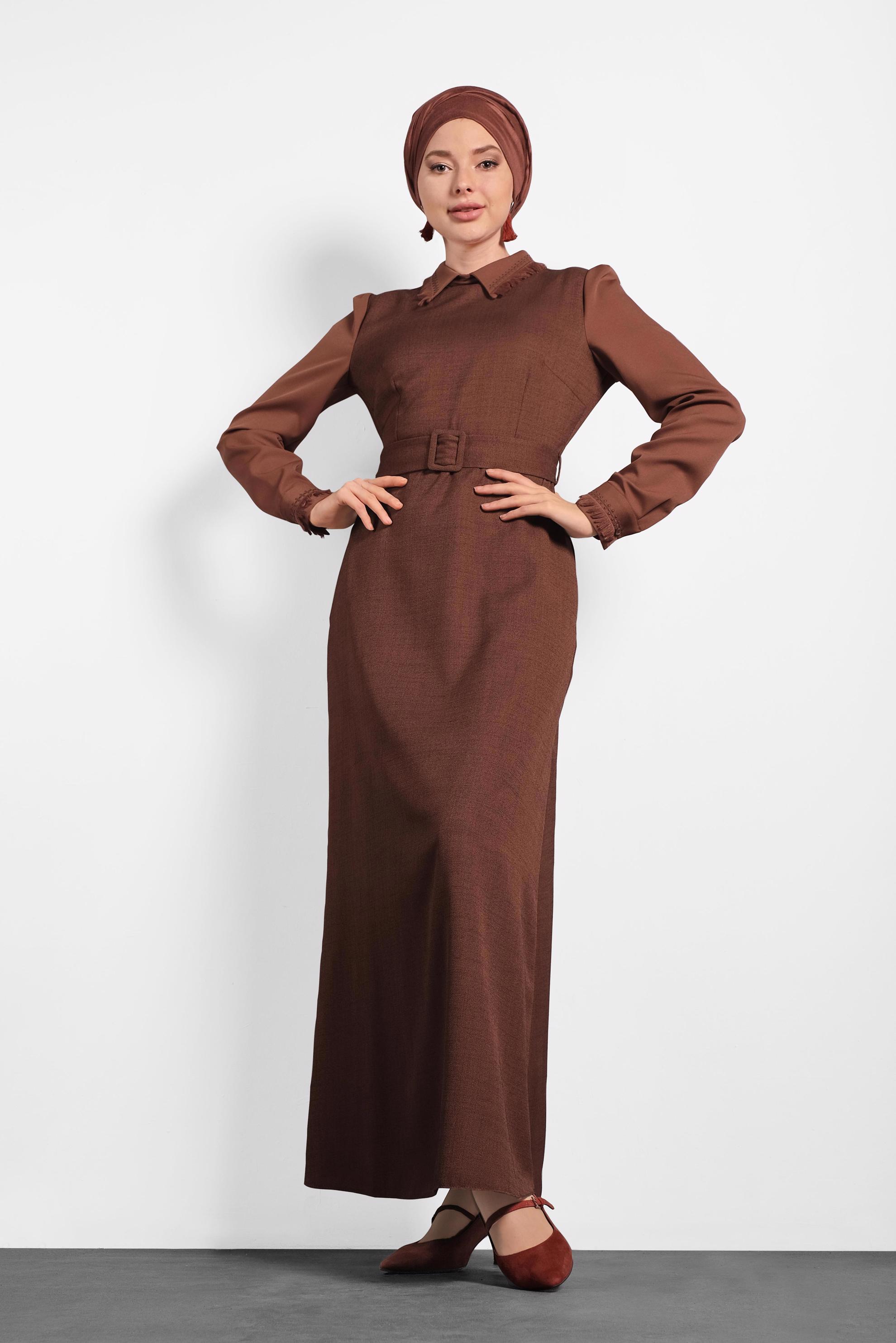 Tesettür giyim TURUNCU KEMERLİ ELBİSE 40384 