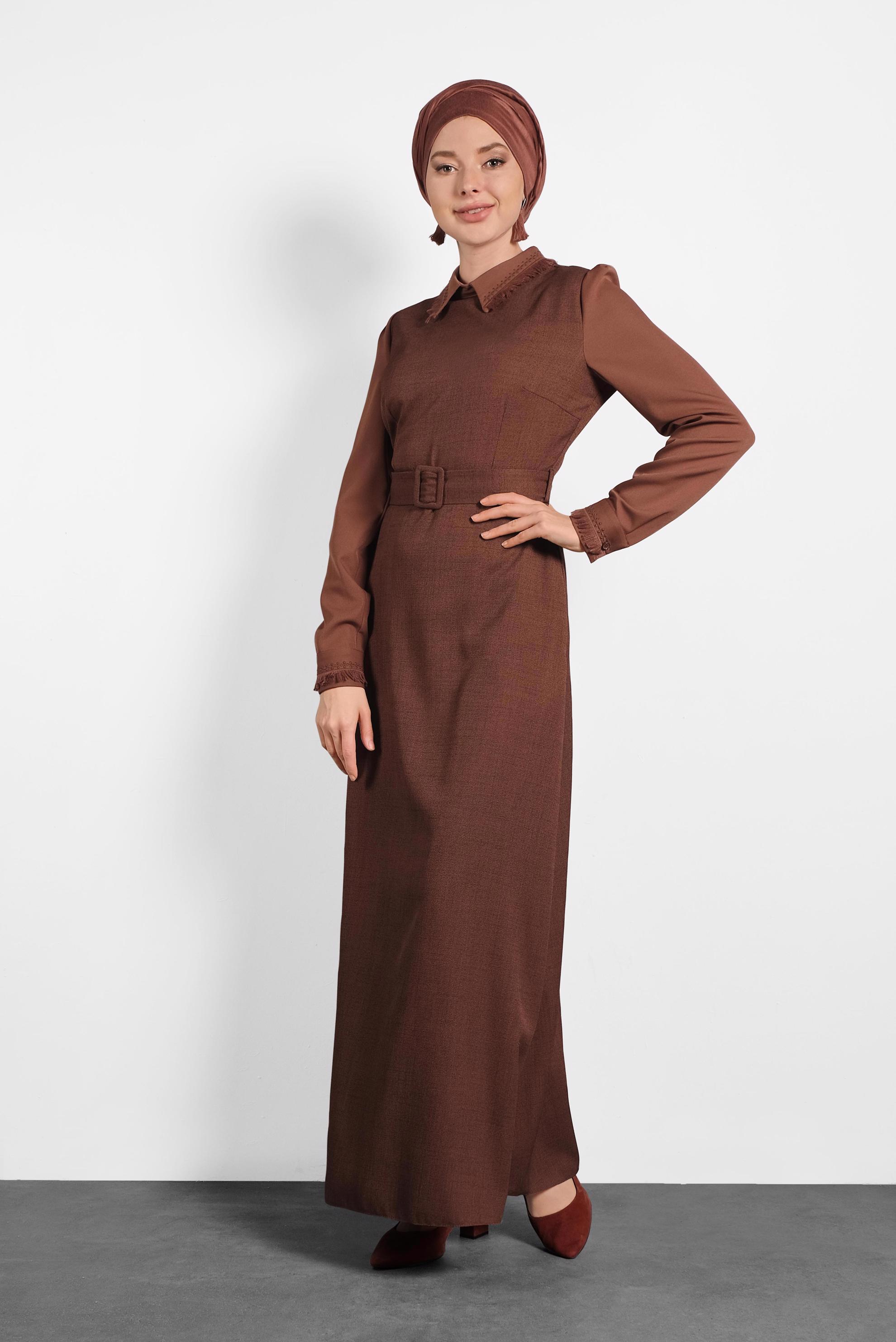 Tesettür giyim TURUNCU KEMERLİ ELBİSE 40384 