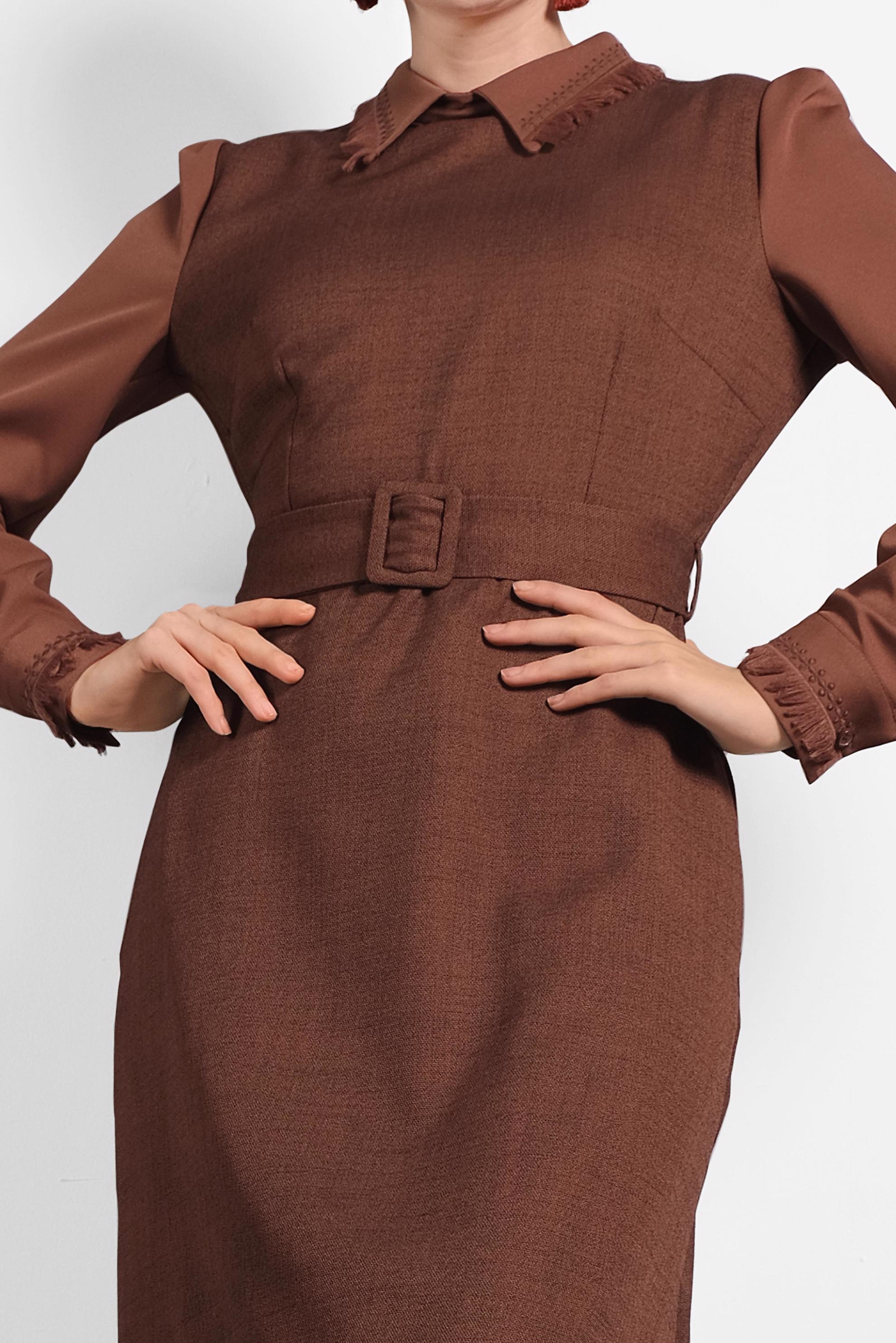 Tesettür giyim TURUNCU KEMERLİ ELBİSE 40384 