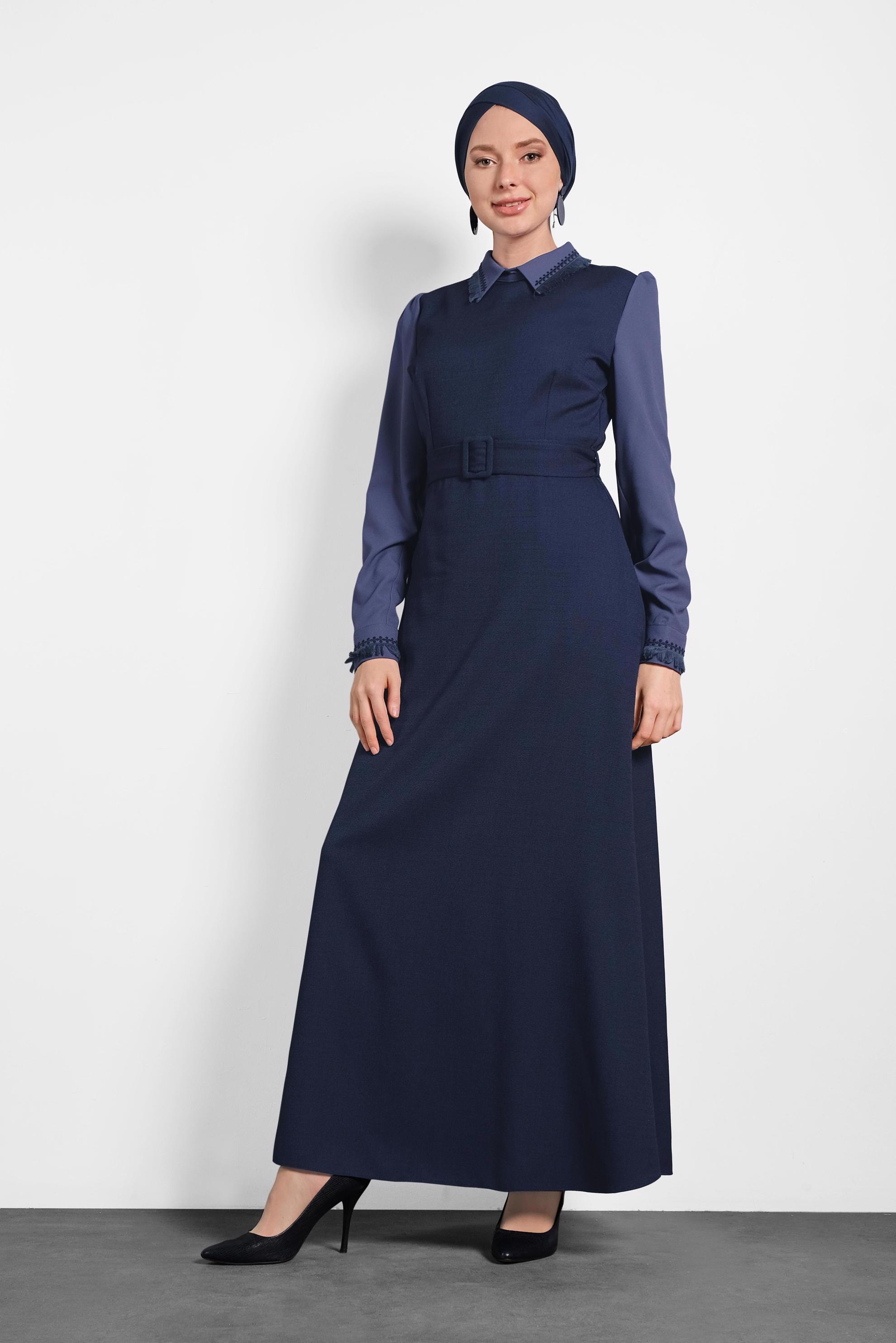 Tesettür giyim LACİVERT KEMERLİ ELBİSE 40384 