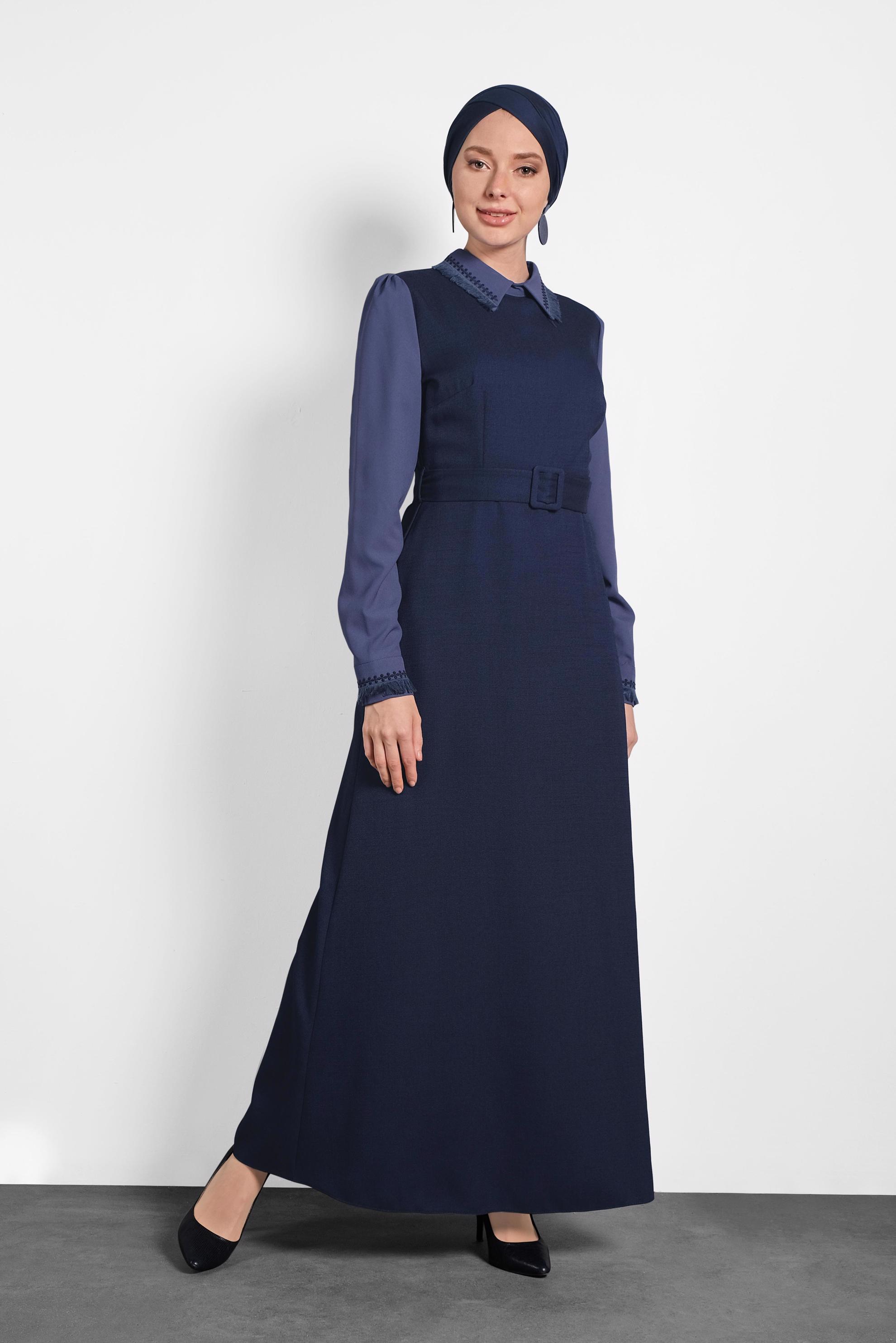 Tesettür giyim LACİVERT KEMERLİ ELBİSE 40384 
