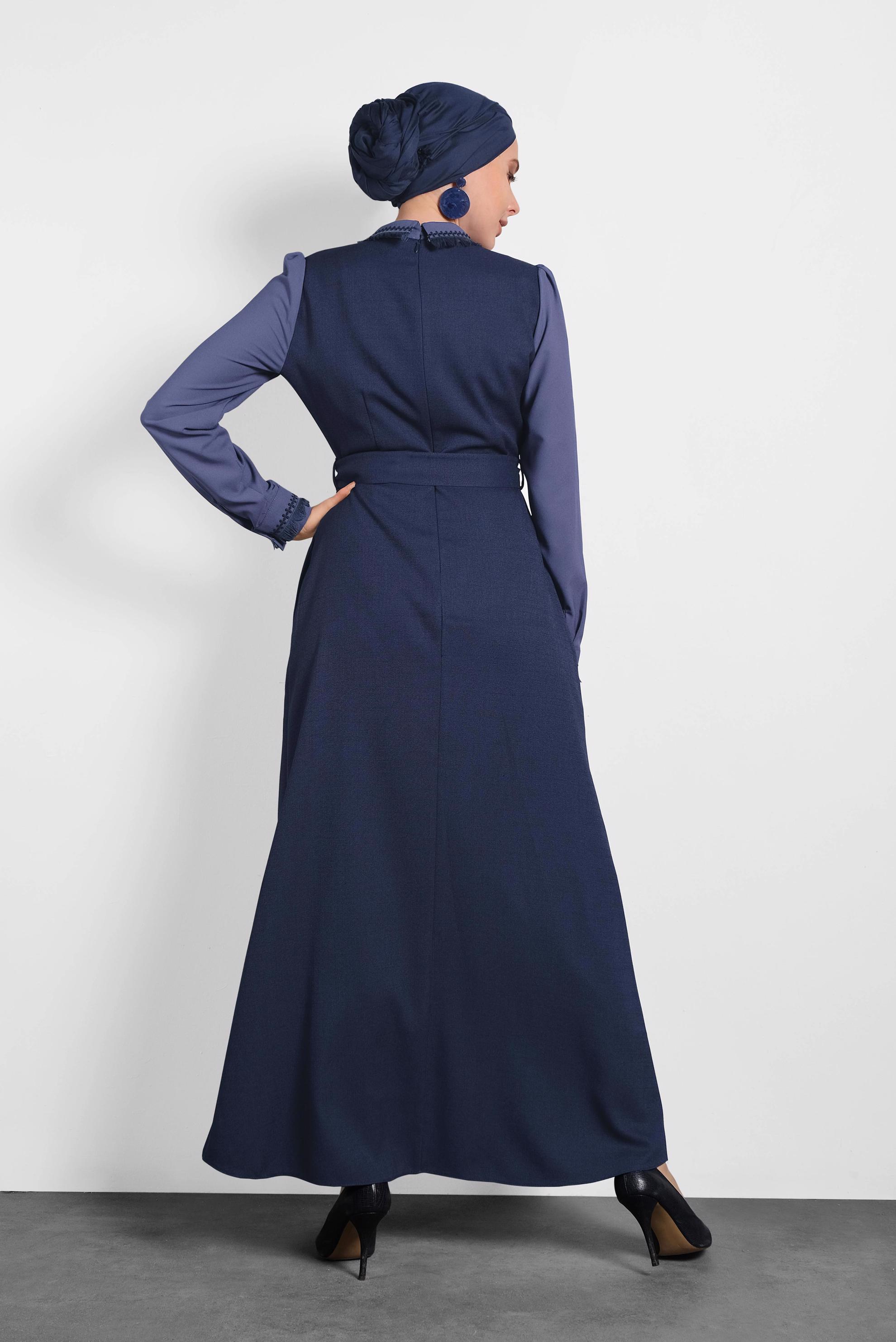 Tesettür giyim LACİVERT KEMERLİ ELBİSE 40384 