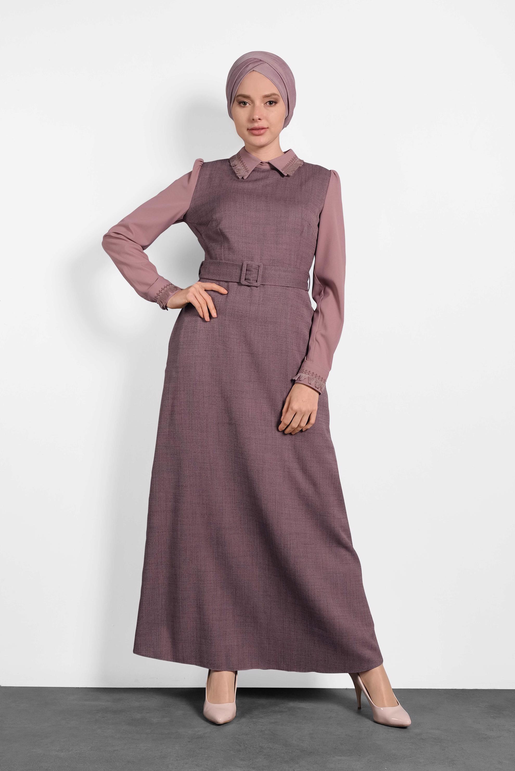 Tesettür giyim PUDRA KEMERLİ ELBİSE 40384 