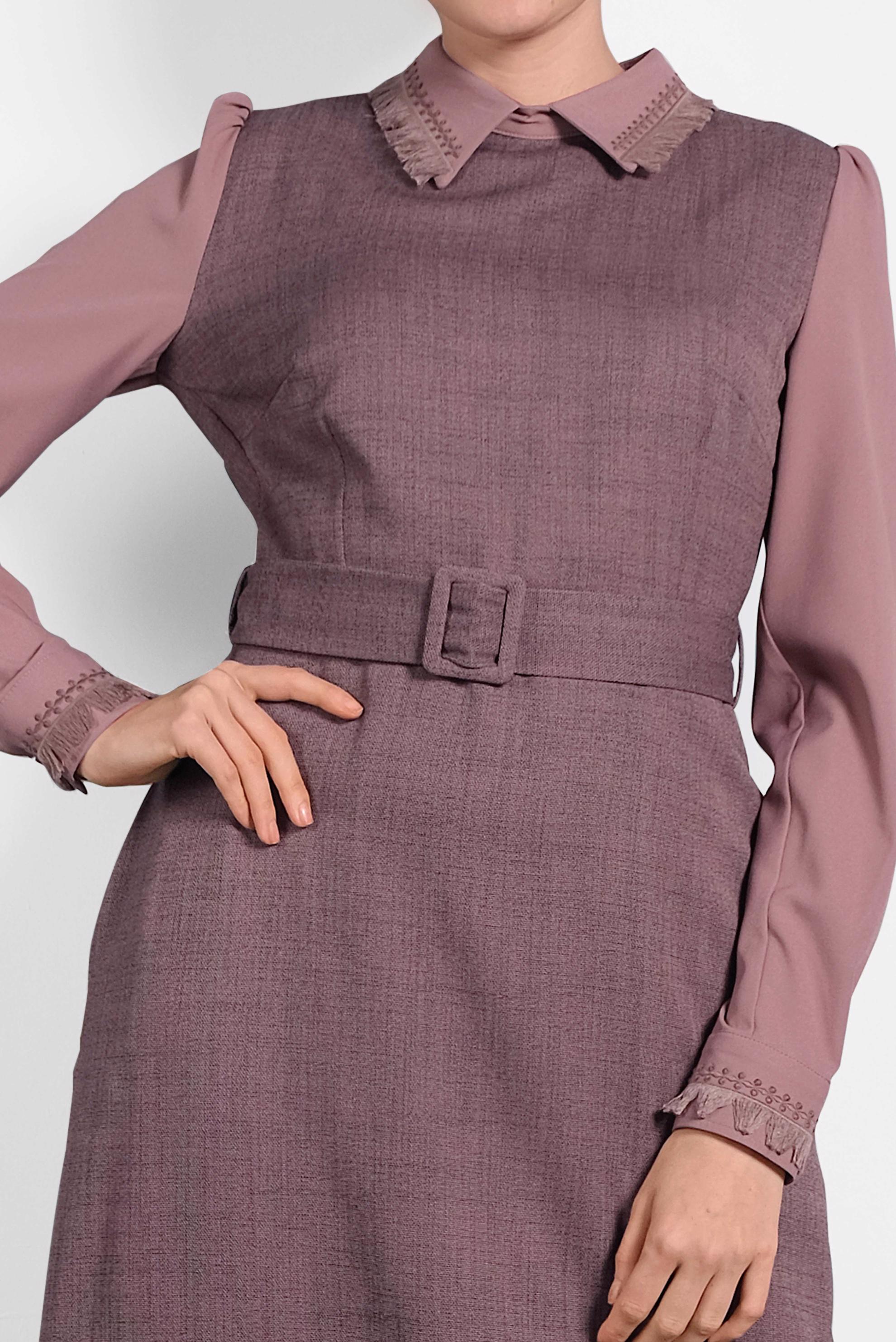 Tesettür giyim PUDRA KEMERLİ ELBİSE 40384 