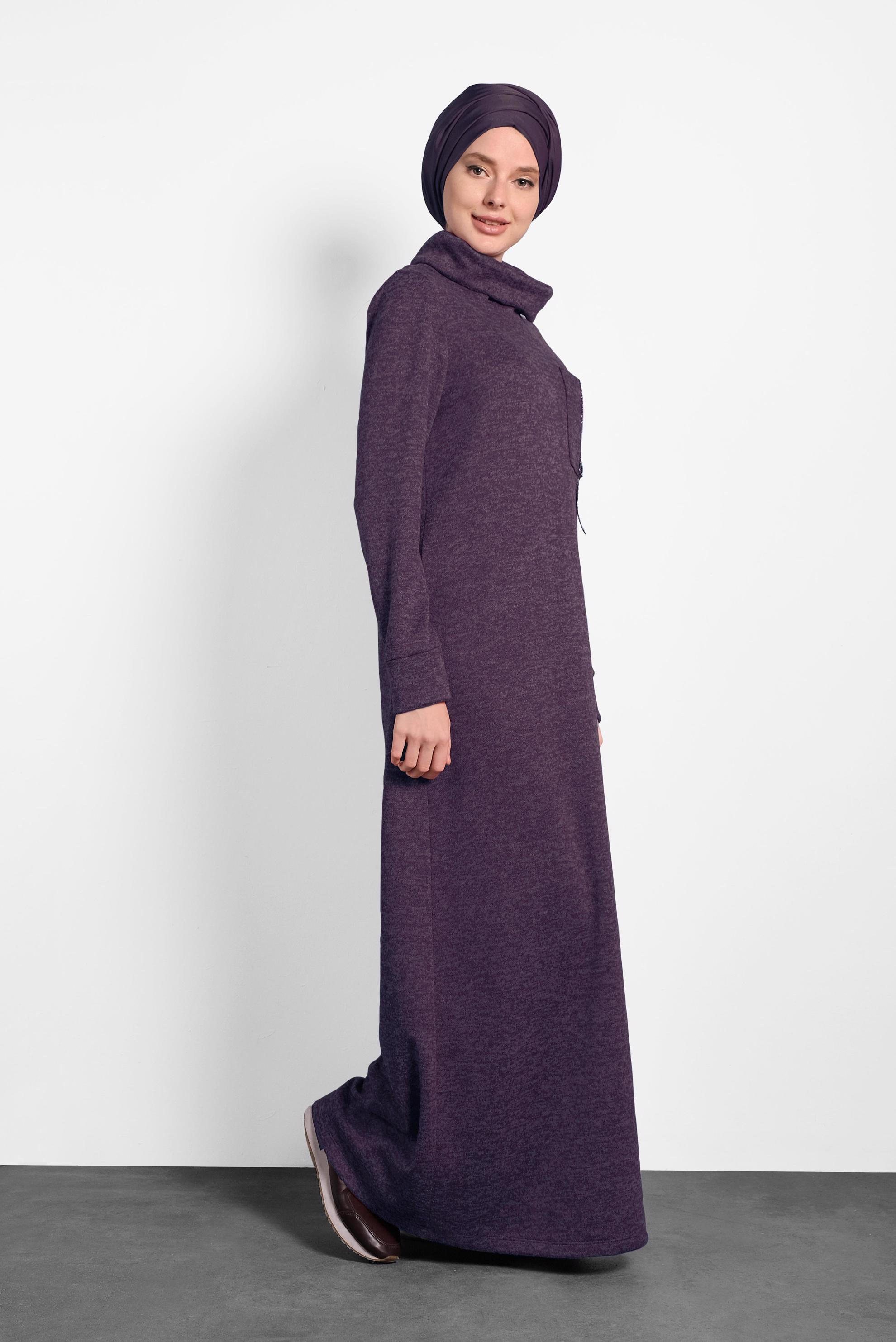 Tesettür giyim MOR BOĞAZLI TRİKO ELBİSE 40397 