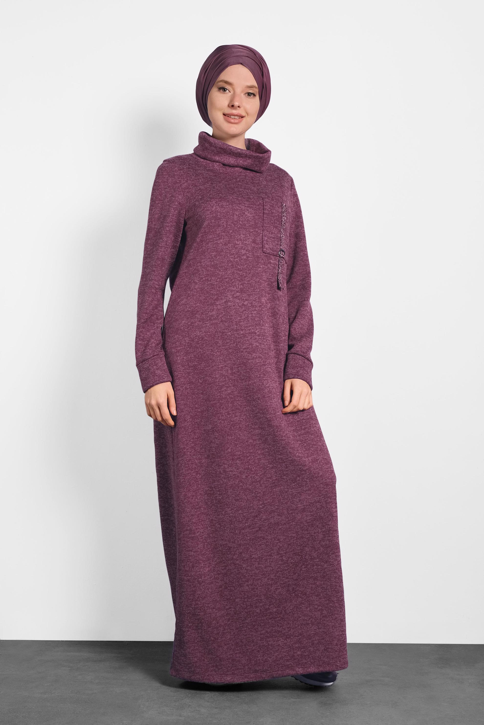 Tesettür giyim BORDO BOĞAZLI TRİKO ELBİSE 40397 